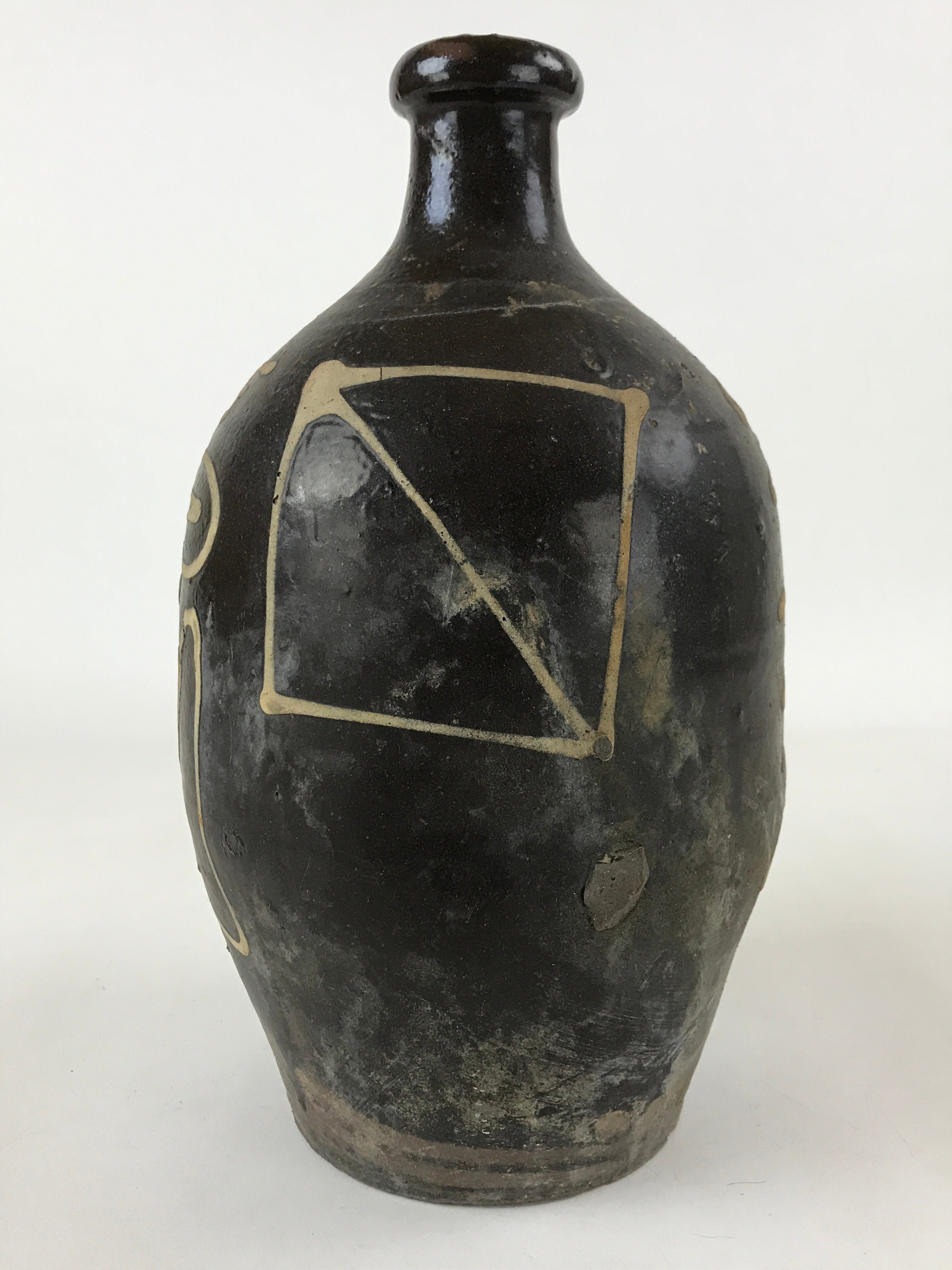 Japanese Ceramic Sake Bottle Kayoi-Tokkuri Vtg Brown Hand-Written Kanji TS613