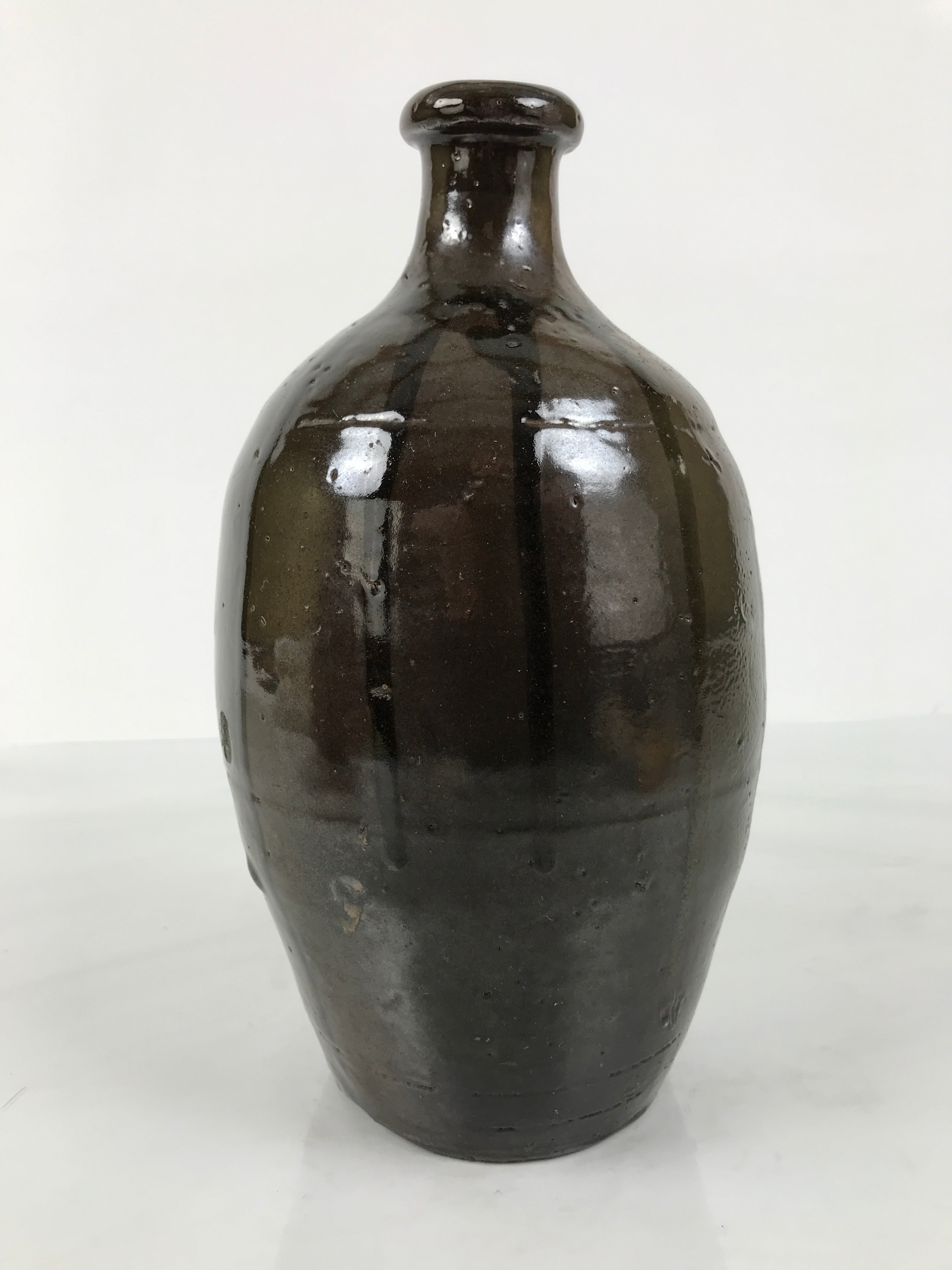 Japanese Ceramic Sake Bottle Kayoi-Tokkuri Vtg Brown Round Crane Neck TS868