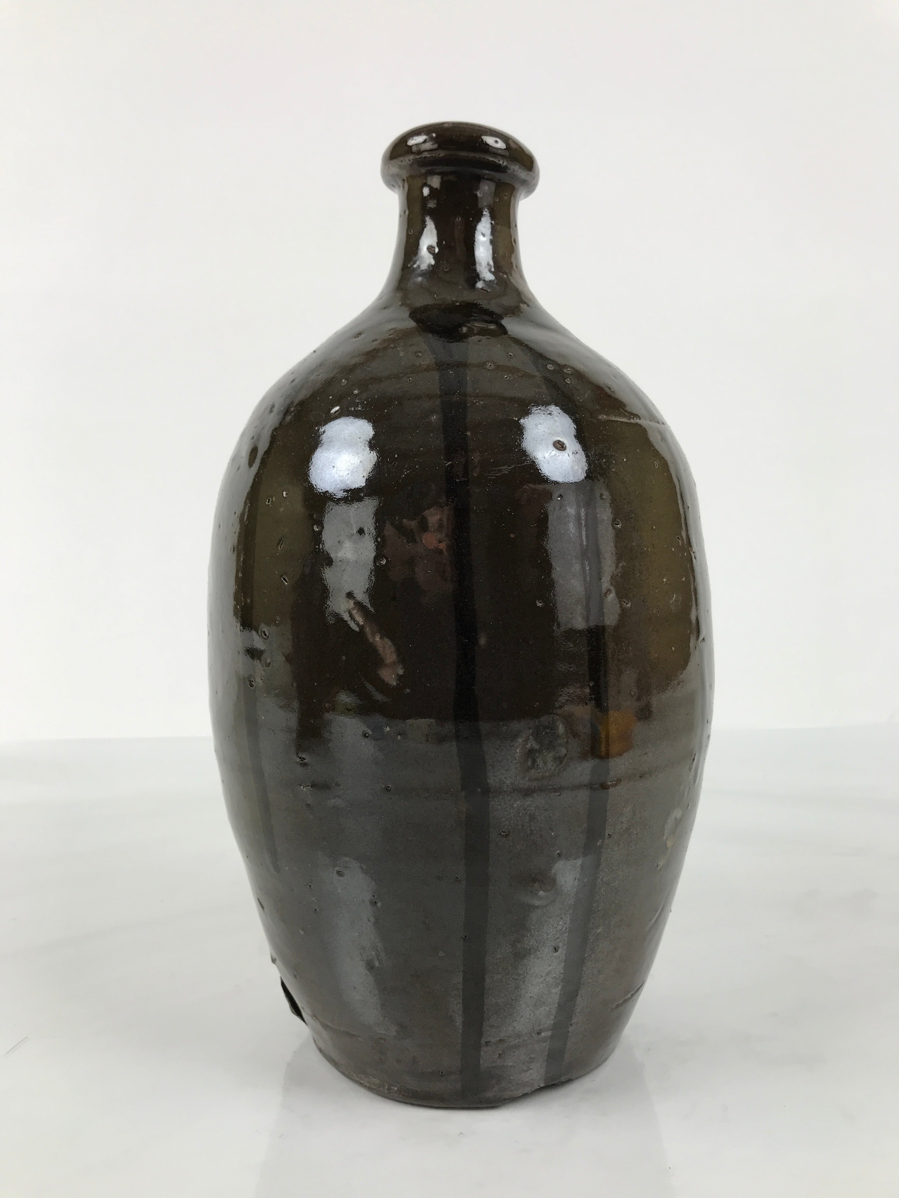 Japanese Ceramic Sake Bottle Kayoi-Tokkuri Vtg Brown Round Crane Neck TS868