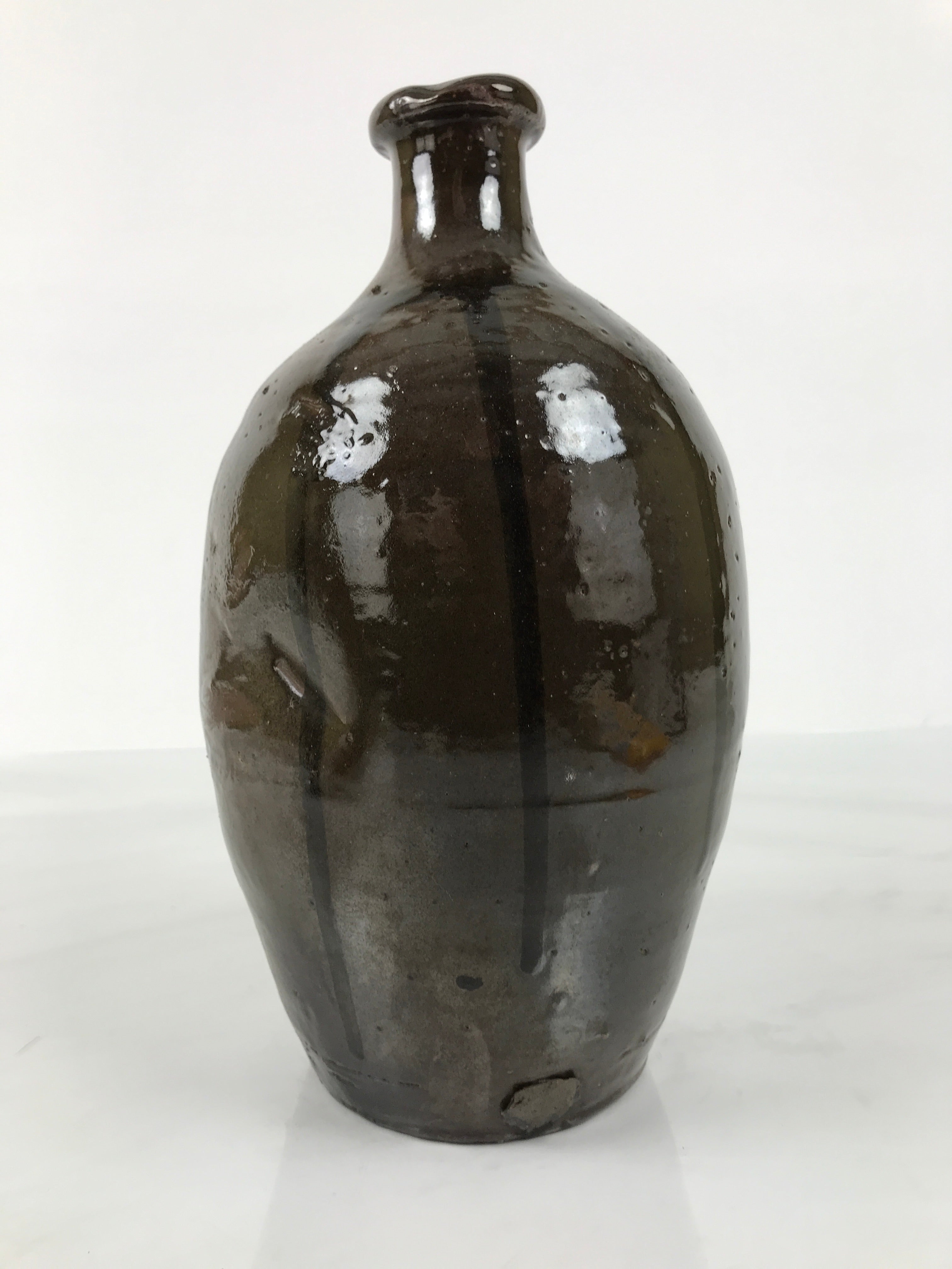 Japanese Ceramic Sake Bottle Kayoi-Tokkuri Vtg Brown Round Crane Neck TS868