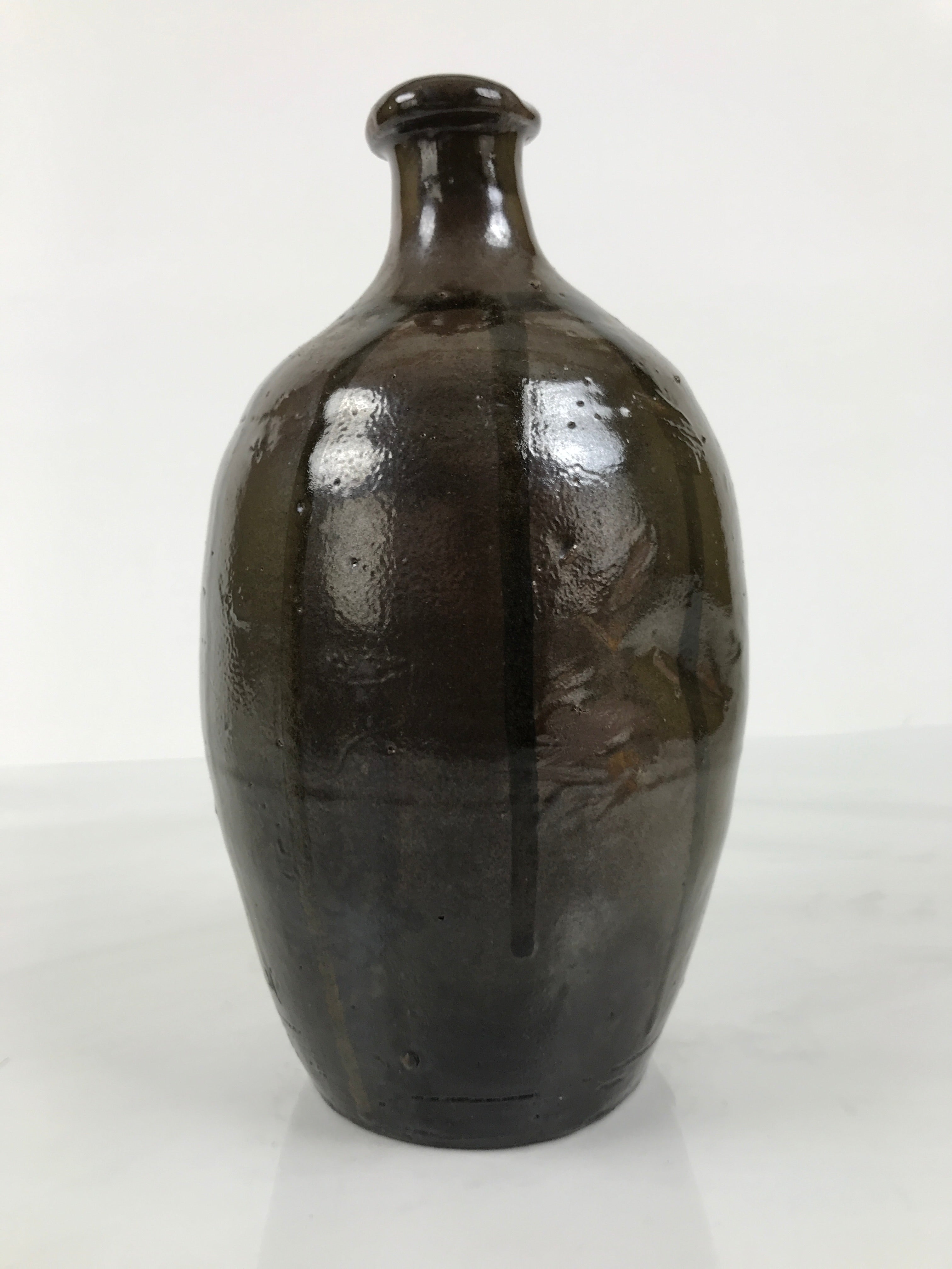 Japanese Ceramic Sake Bottle Kayoi-Tokkuri Vtg Brown Round Crane Neck TS868