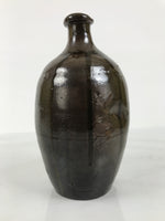 Japanese Ceramic Sake Bottle Kayoi-Tokkuri Vtg Brown Round Crane Neck TS868