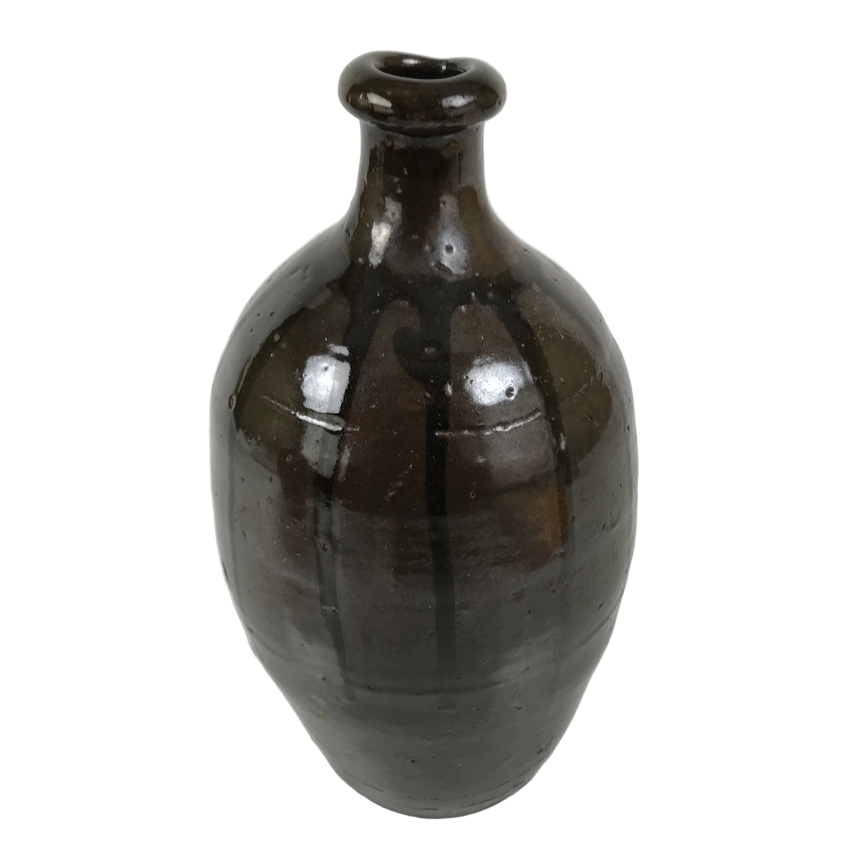 Japanese Ceramic Sake Bottle Kayoi-Tokkuri Vtg Brown Round Crane Neck TS868