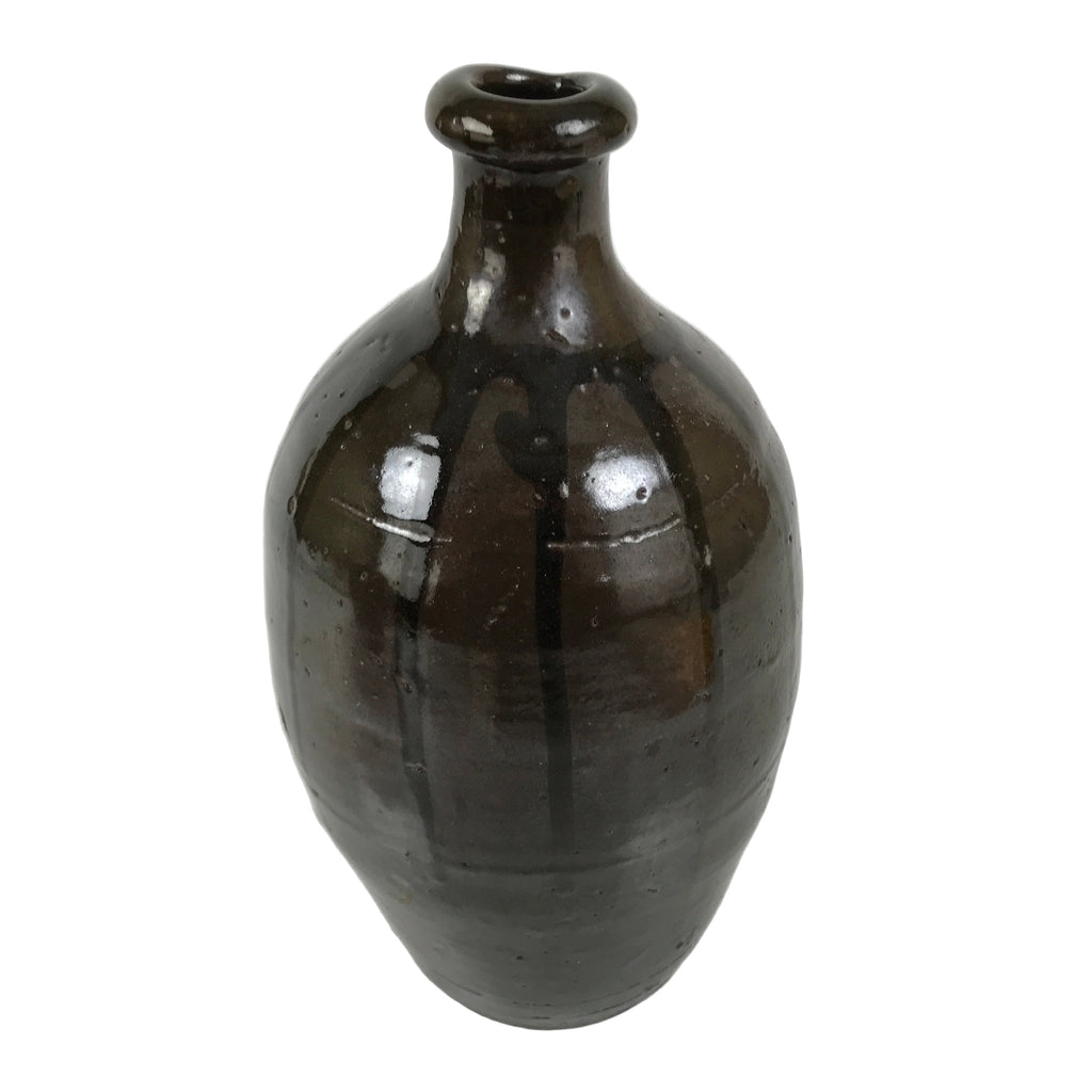 Japanese Ceramic Sake Bottle Kayoi-Tokkuri Vtg Brown Round Crane Neck TS868