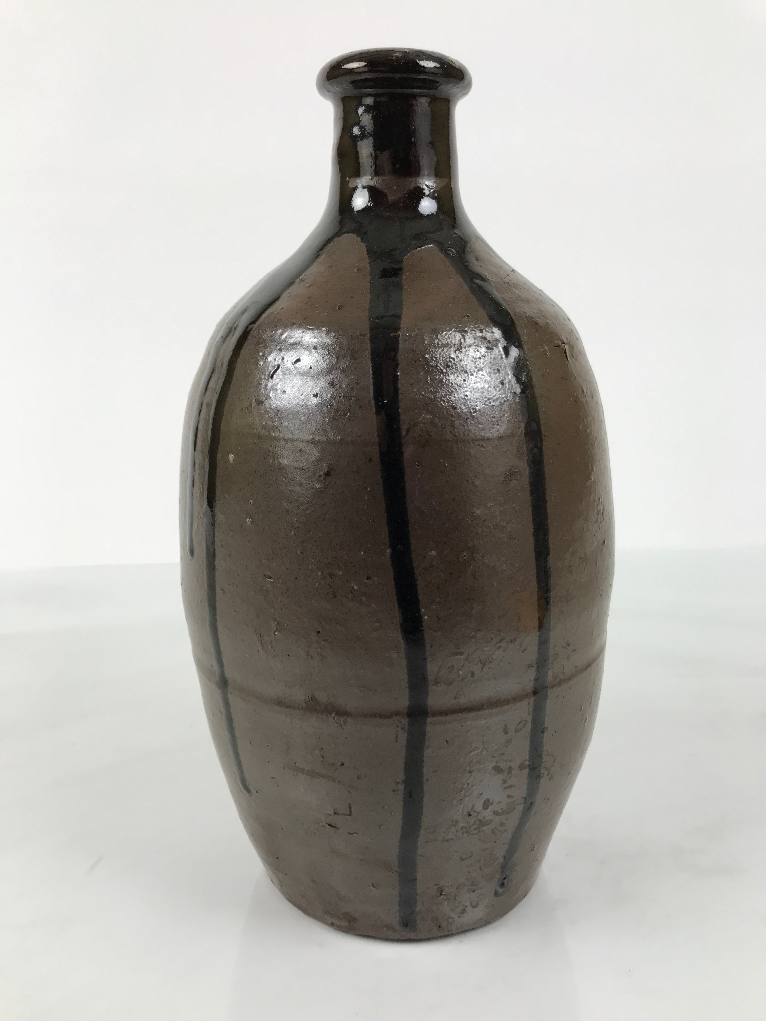 Japanese Ceramic Sake Bottle Kayoi-Tokkuri Vtg Brown Round Crane Neck TS869