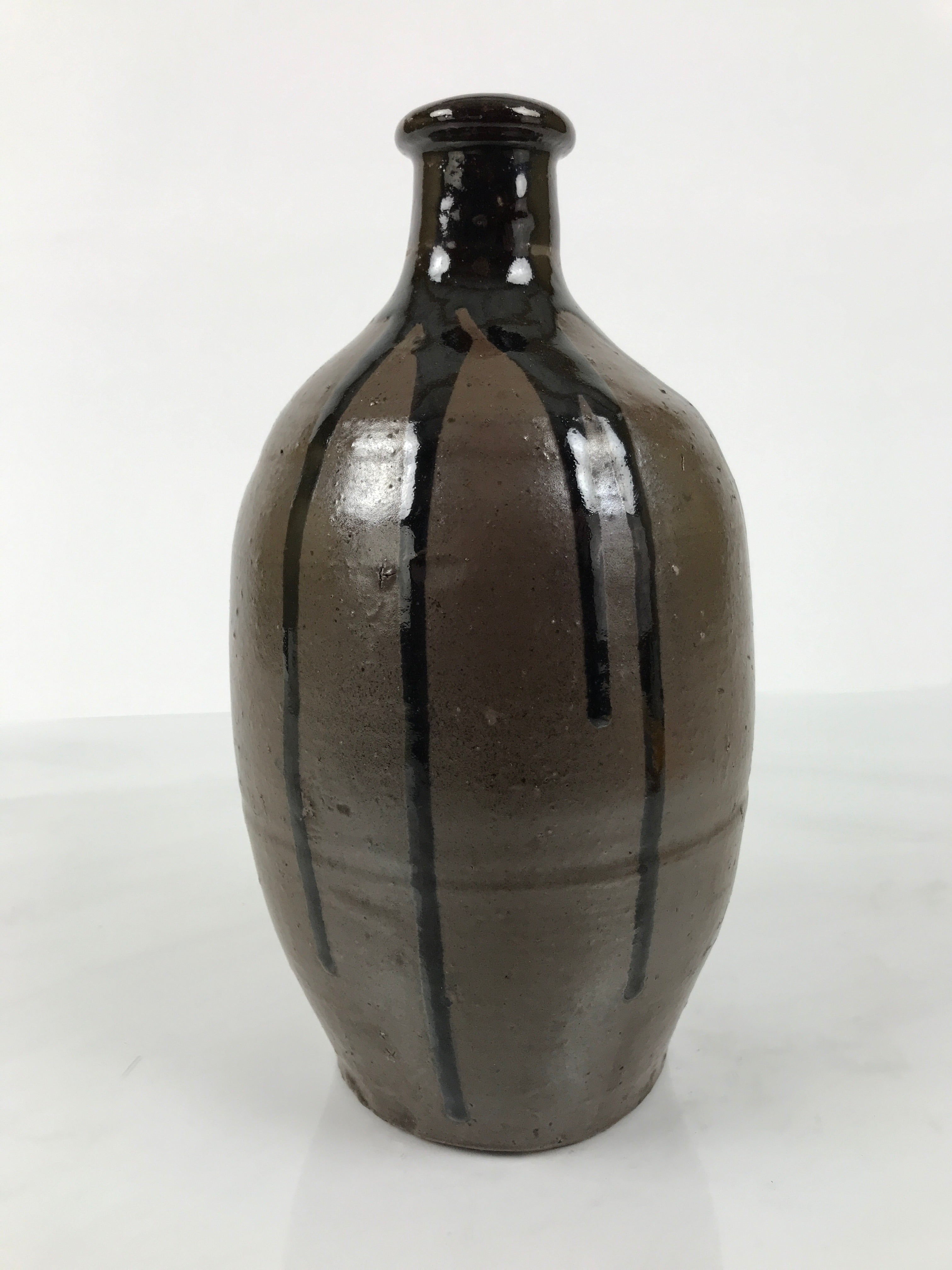 Japanese Ceramic Sake Bottle Kayoi-Tokkuri Vtg Brown Round Crane Neck TS869