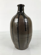 Japanese Ceramic Sake Bottle Kayoi-Tokkuri Vtg Brown Round Crane Neck TS869