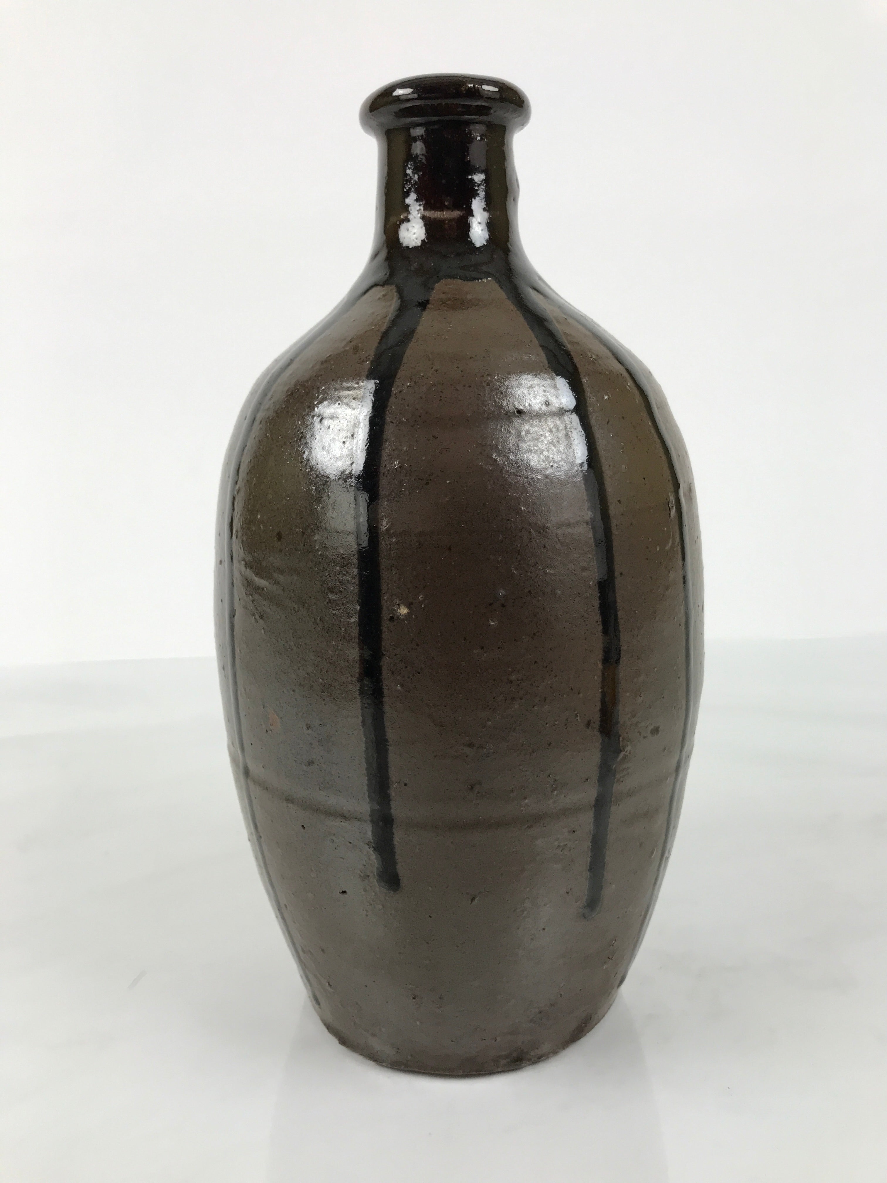 Japanese Ceramic Sake Bottle Kayoi-Tokkuri Vtg Brown Round Crane Neck TS869
