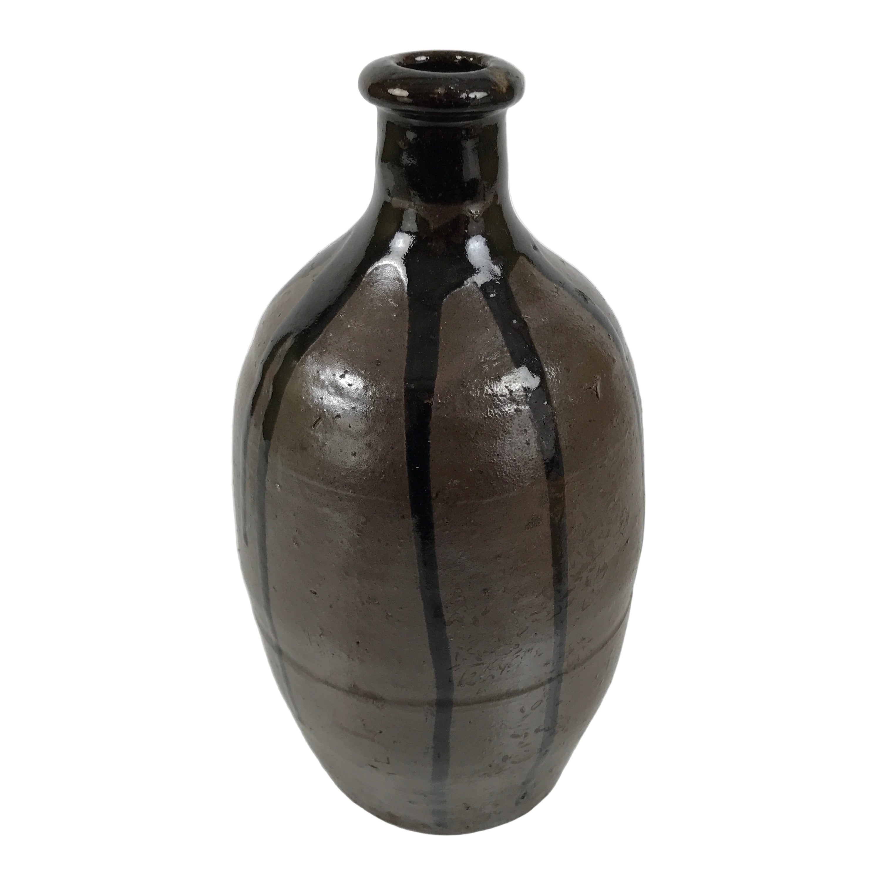 Japanese Ceramic Sake Bottle Kayoi-Tokkuri Vtg Brown Round Crane Neck TS869