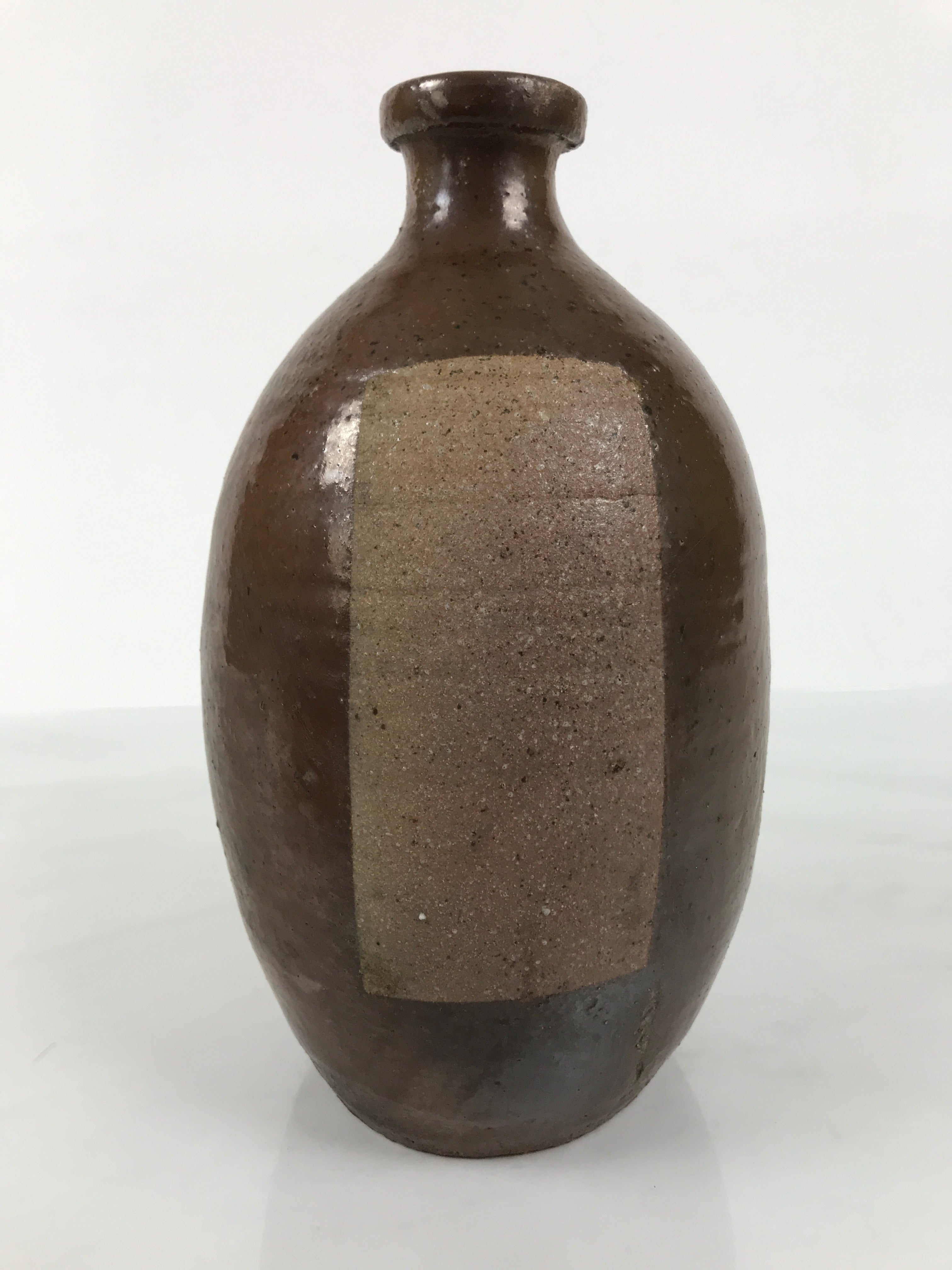 Japanese Ceramic Sake Bottle Kayoi-Tokkuri Vtg Brown Round Wax Resist TS870