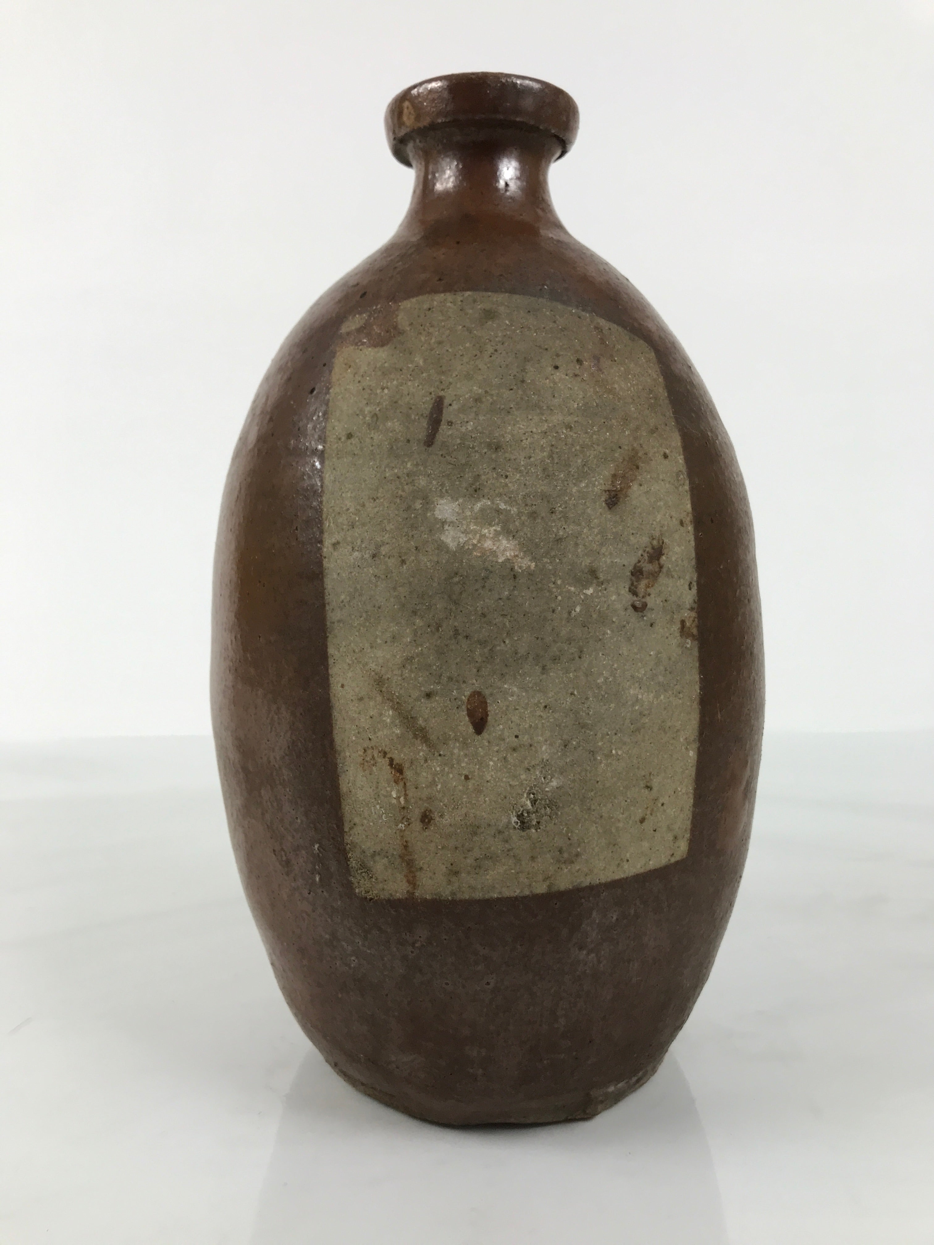 Japanese Ceramic Sake Bottle Kayoi-Tokkuri Vtg Brown Round Wax Resist TS871