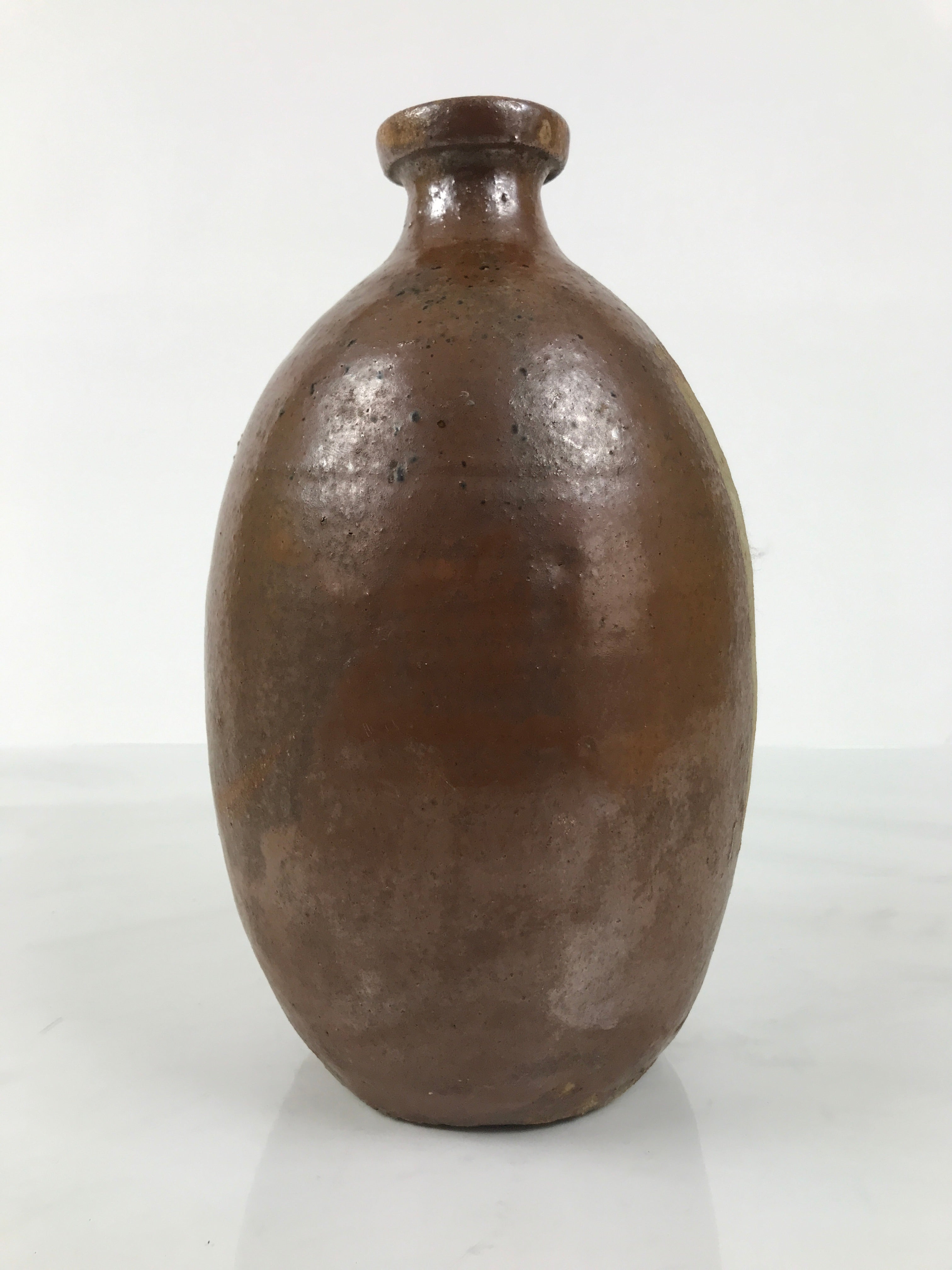 Japanese Ceramic Sake Bottle Kayoi-Tokkuri Vtg Brown Round Wax Resist TS871