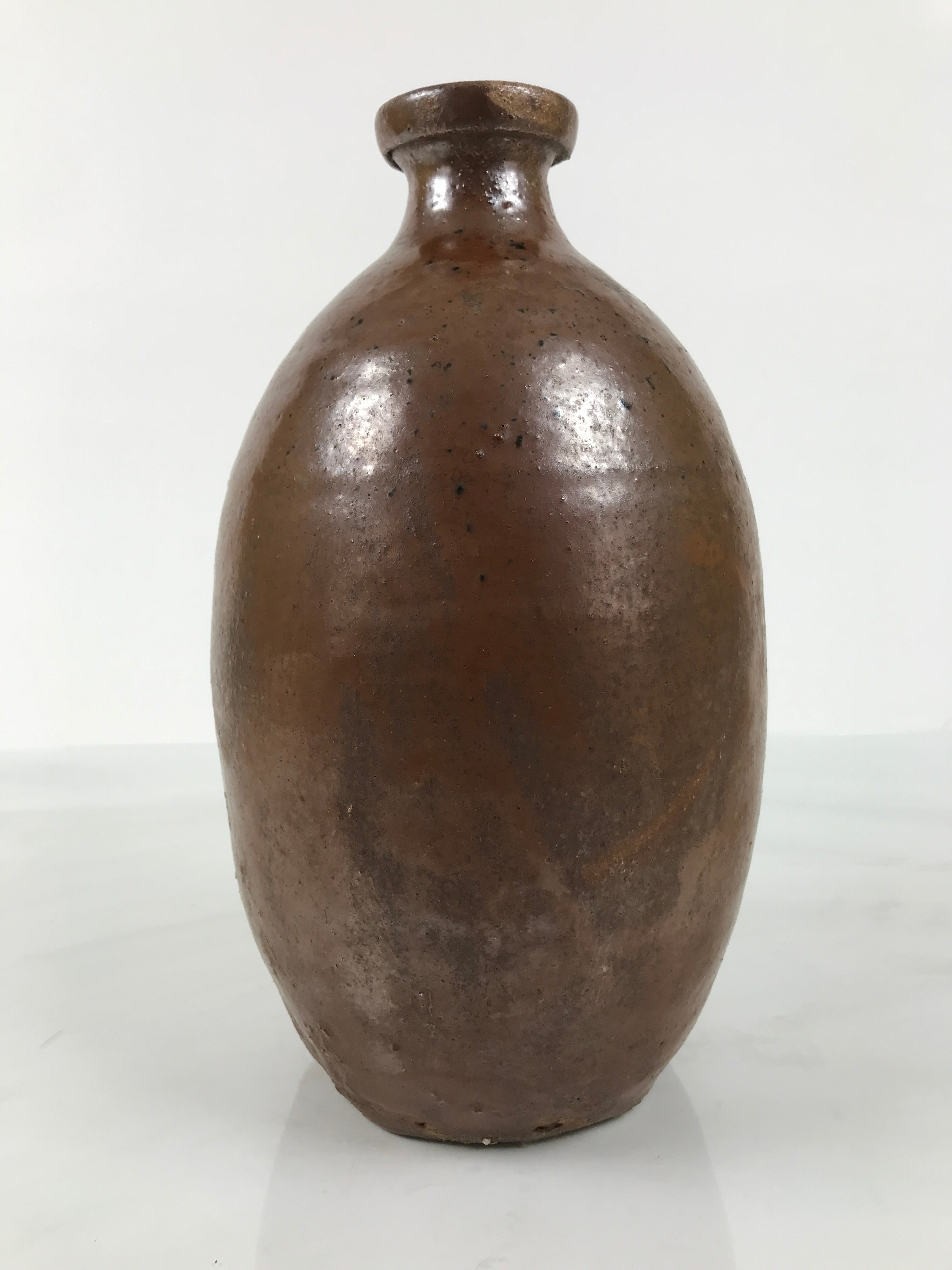 Japanese Ceramic Sake Bottle Kayoi-Tokkuri Vtg Brown Round Wax Resist TS871