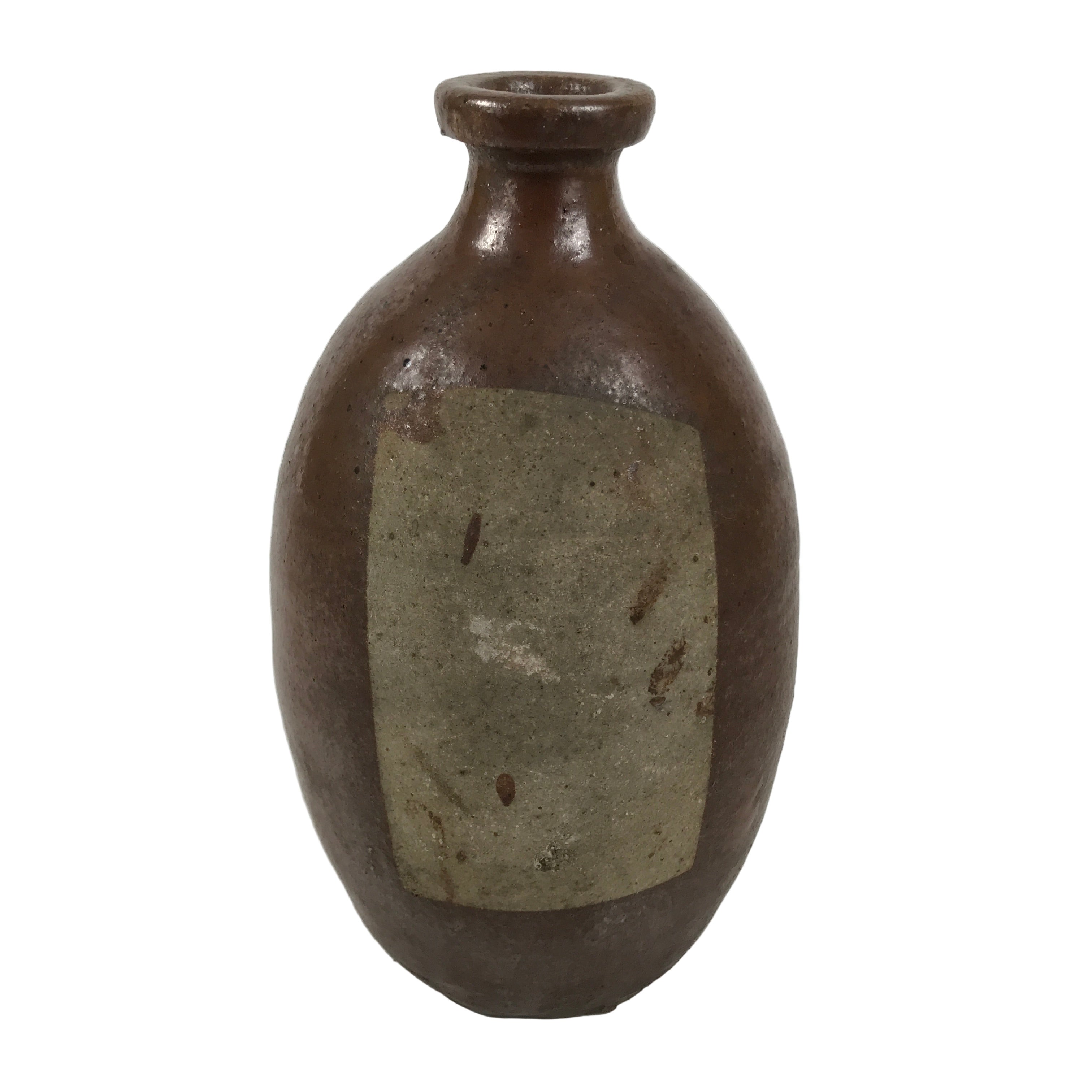 Japanese Ceramic Sake Bottle Kayoi-Tokkuri Vtg Brown Round Wax Resist TS871