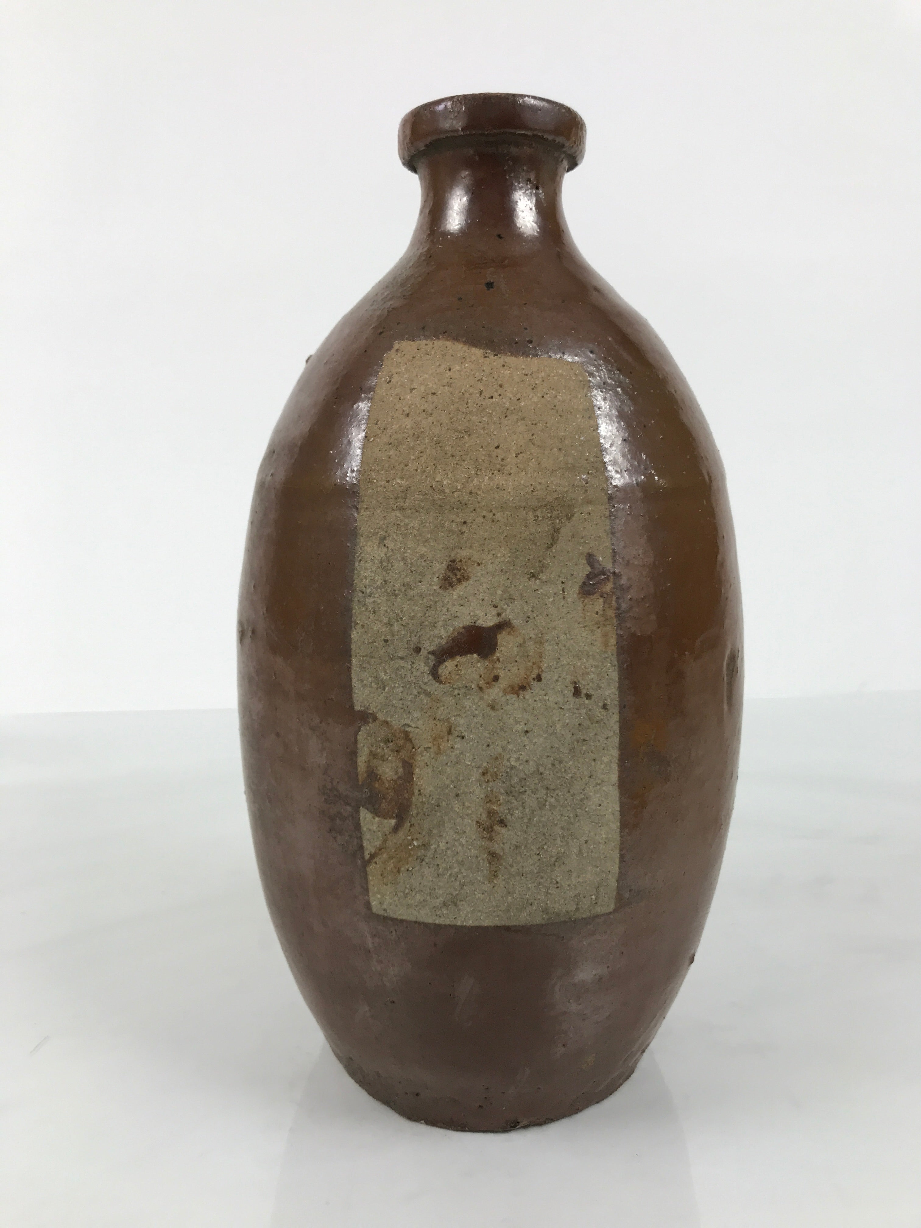 Japanese Ceramic Sake Bottle Kayoi-Tokkuri Vtg Brown Round Wax Resist TS872