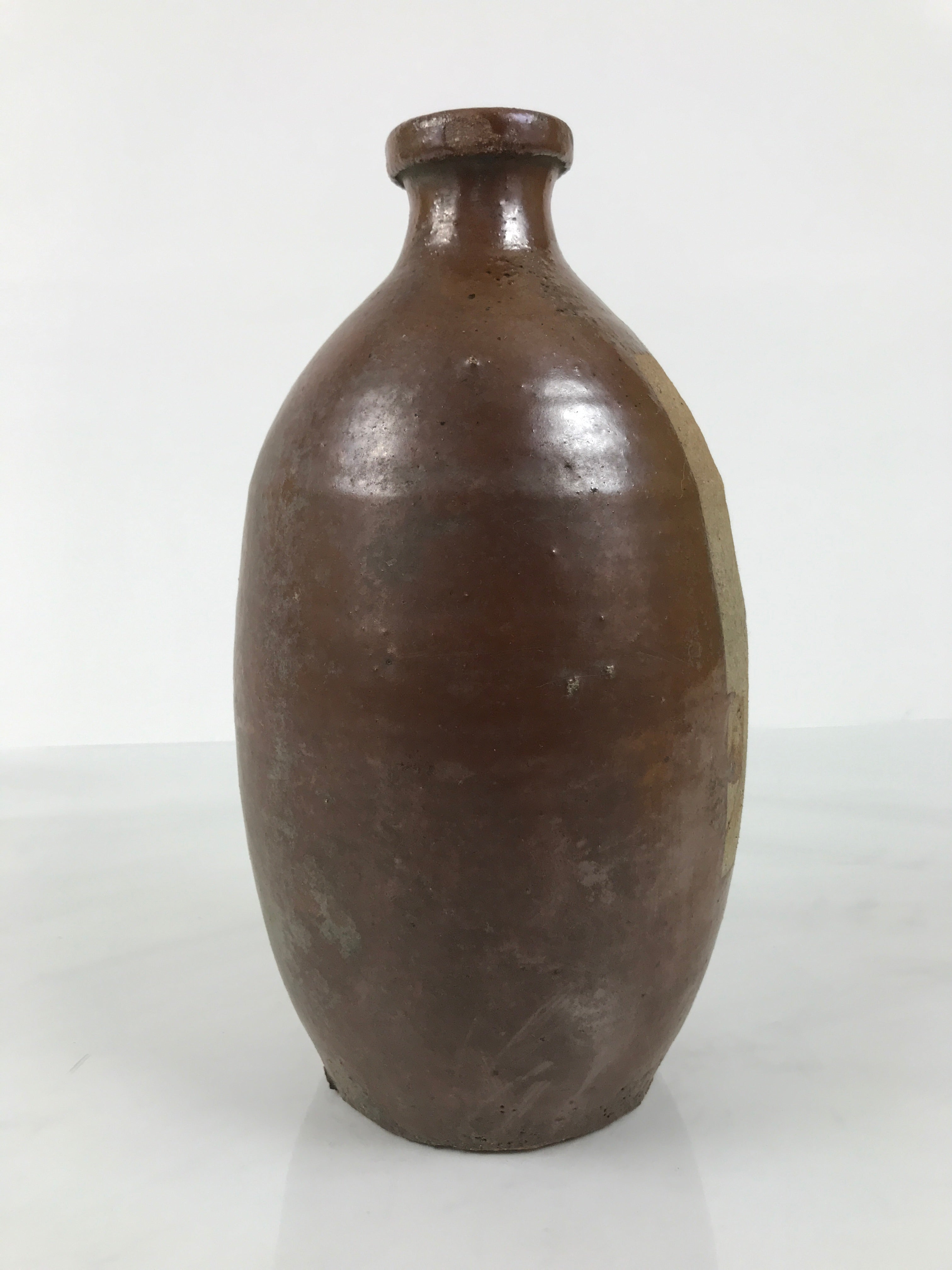 Japanese Ceramic Sake Bottle Kayoi-Tokkuri Vtg Brown Round Wax Resist TS872