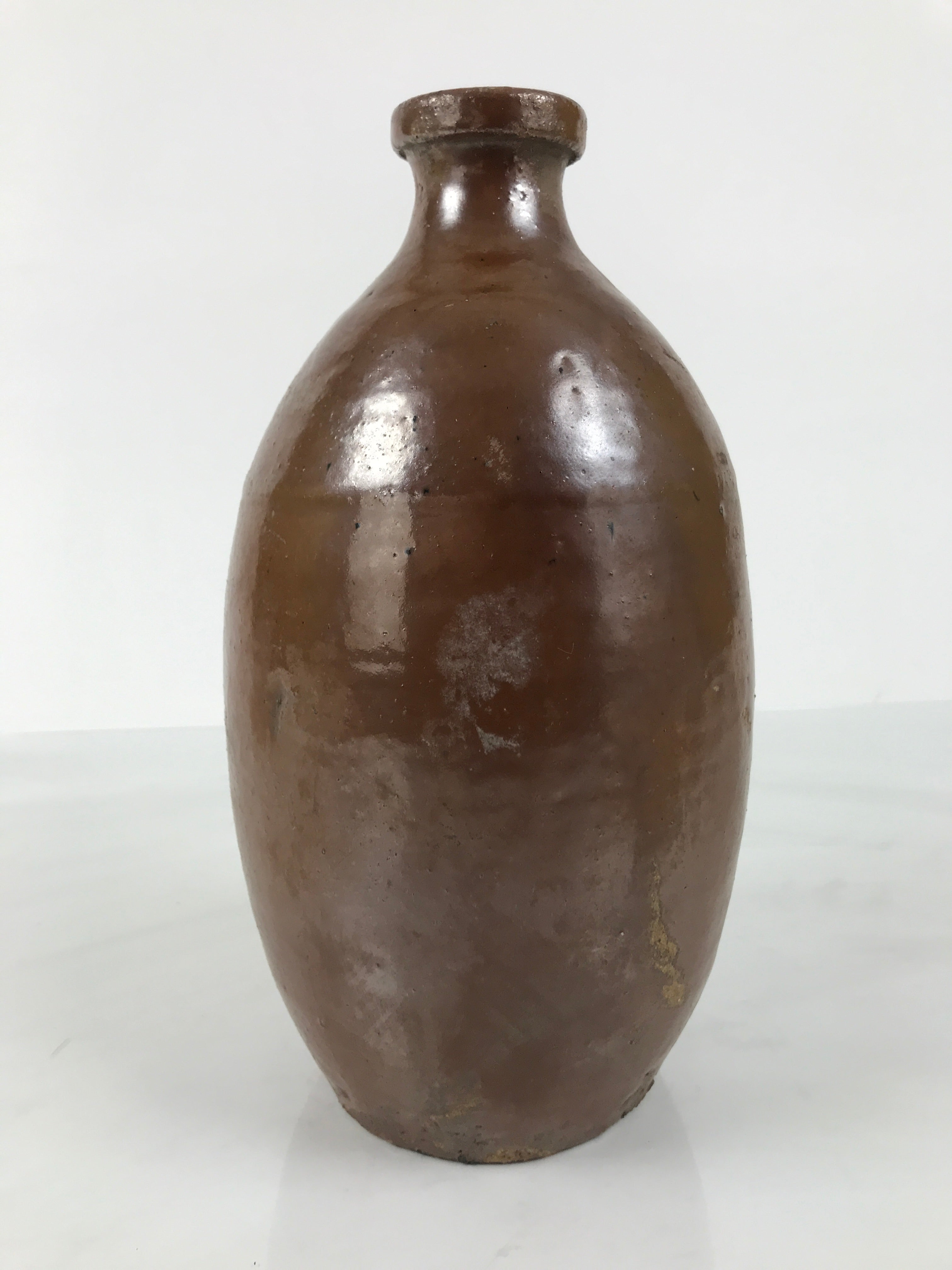 Japanese Ceramic Sake Bottle Kayoi-Tokkuri Vtg Brown Round Wax Resist TS872