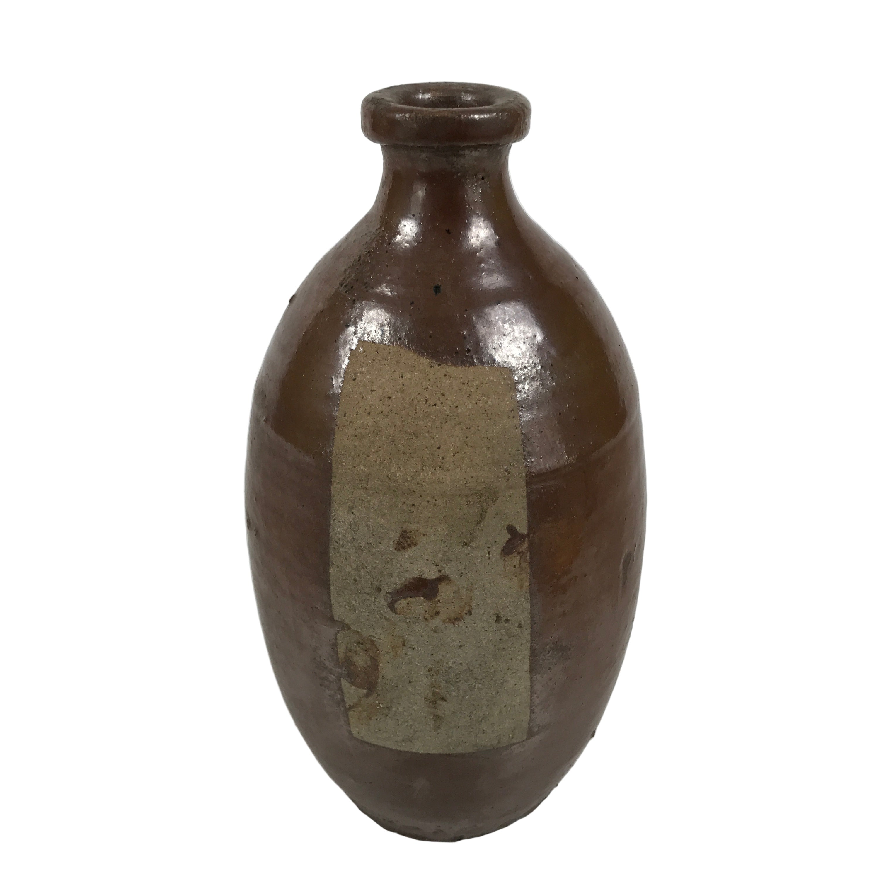 Japanese Ceramic Sake Bottle Kayoi-Tokkuri Vtg Brown Round Wax Resist TS872