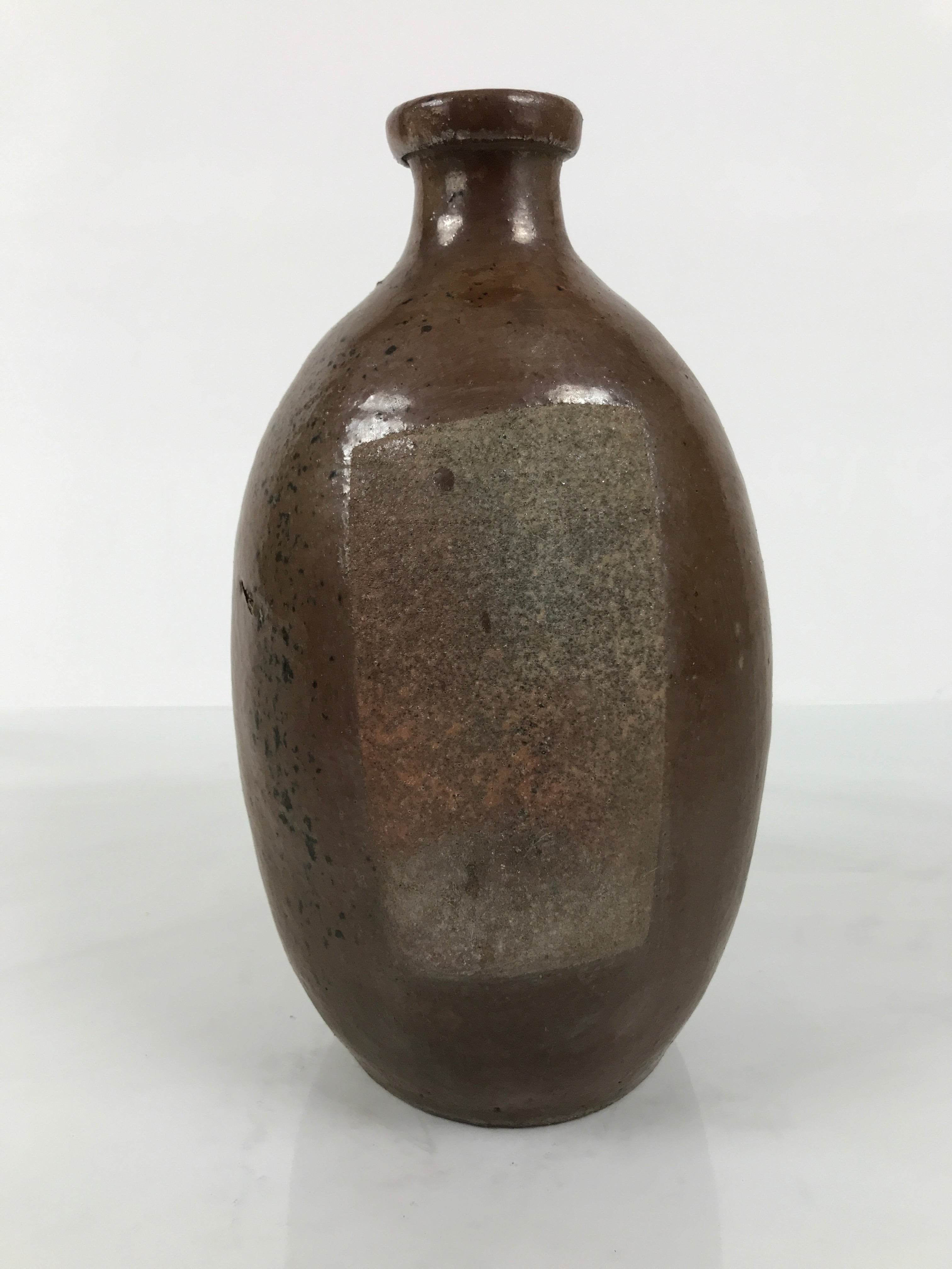 Japanese Ceramic Sake Bottle Kayoi-Tokkuri Vtg Brown Round Wax Resist TS873