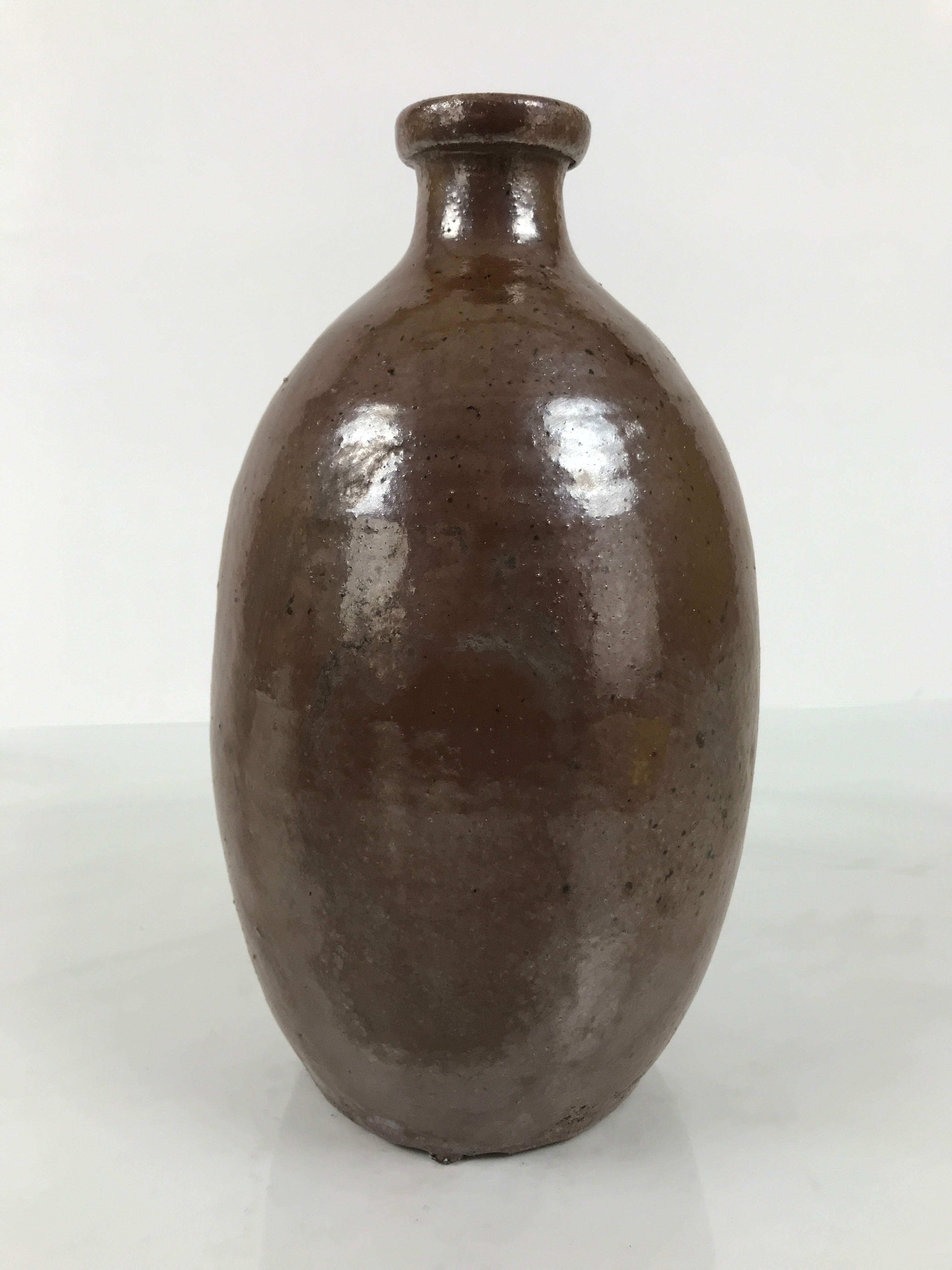 Japanese Ceramic Sake Bottle Kayoi-Tokkuri Vtg Brown Round Wax Resist TS873