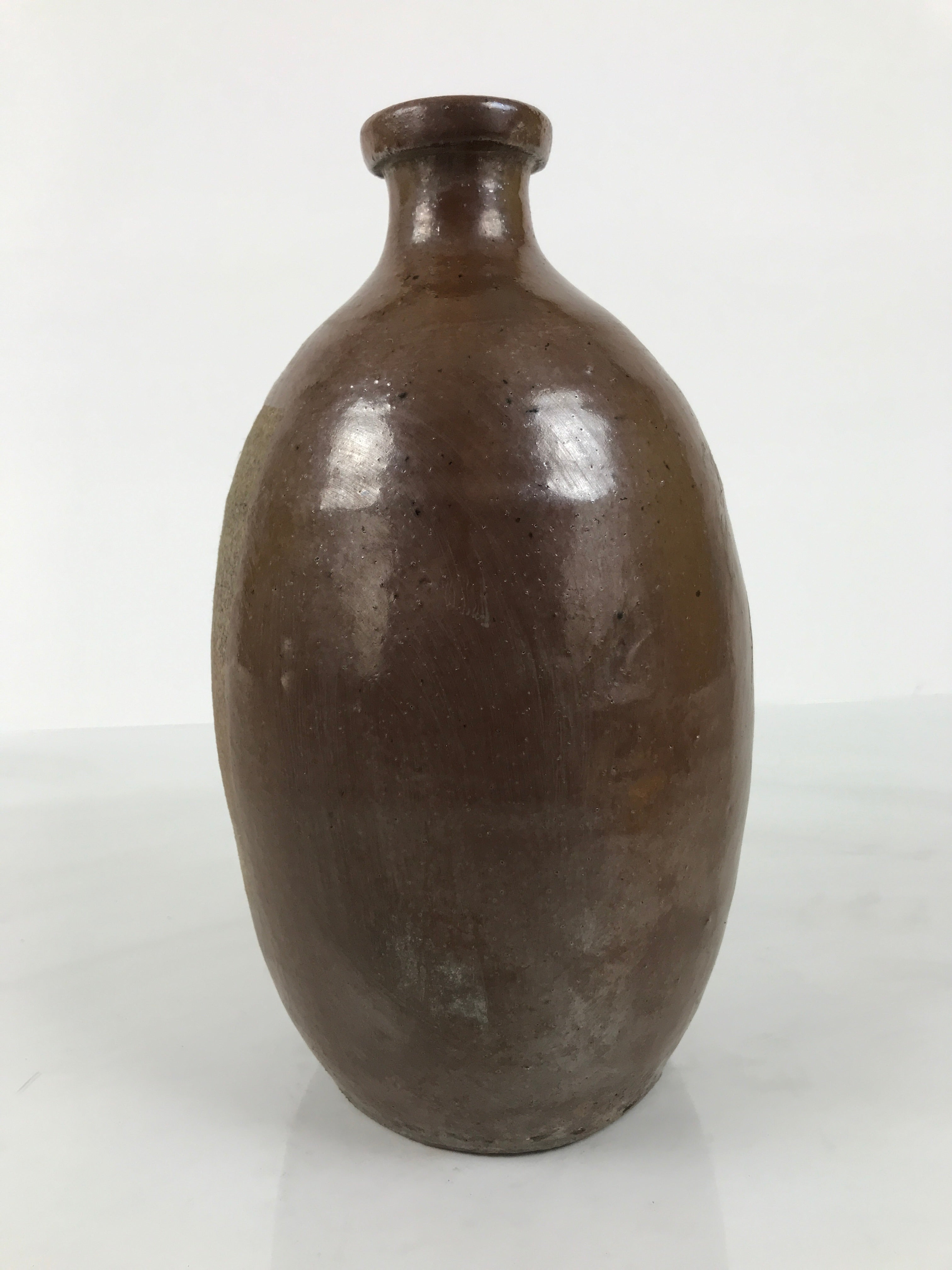 Japanese Ceramic Sake Bottle Kayoi-Tokkuri Vtg Brown Round Wax Resist TS873