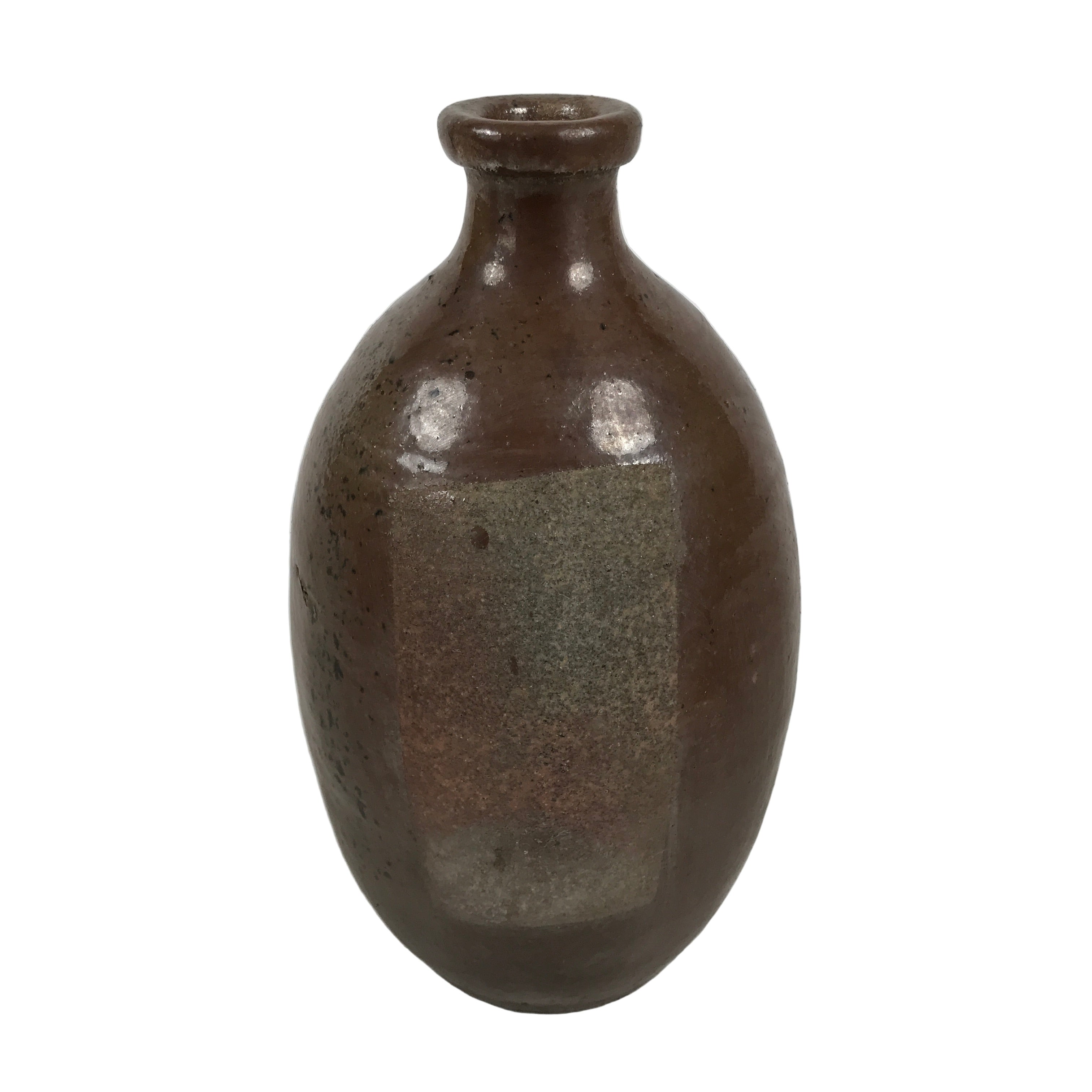 Japanese Ceramic Sake Bottle Kayoi-Tokkuri Vtg Brown Round Wax Resist TS873