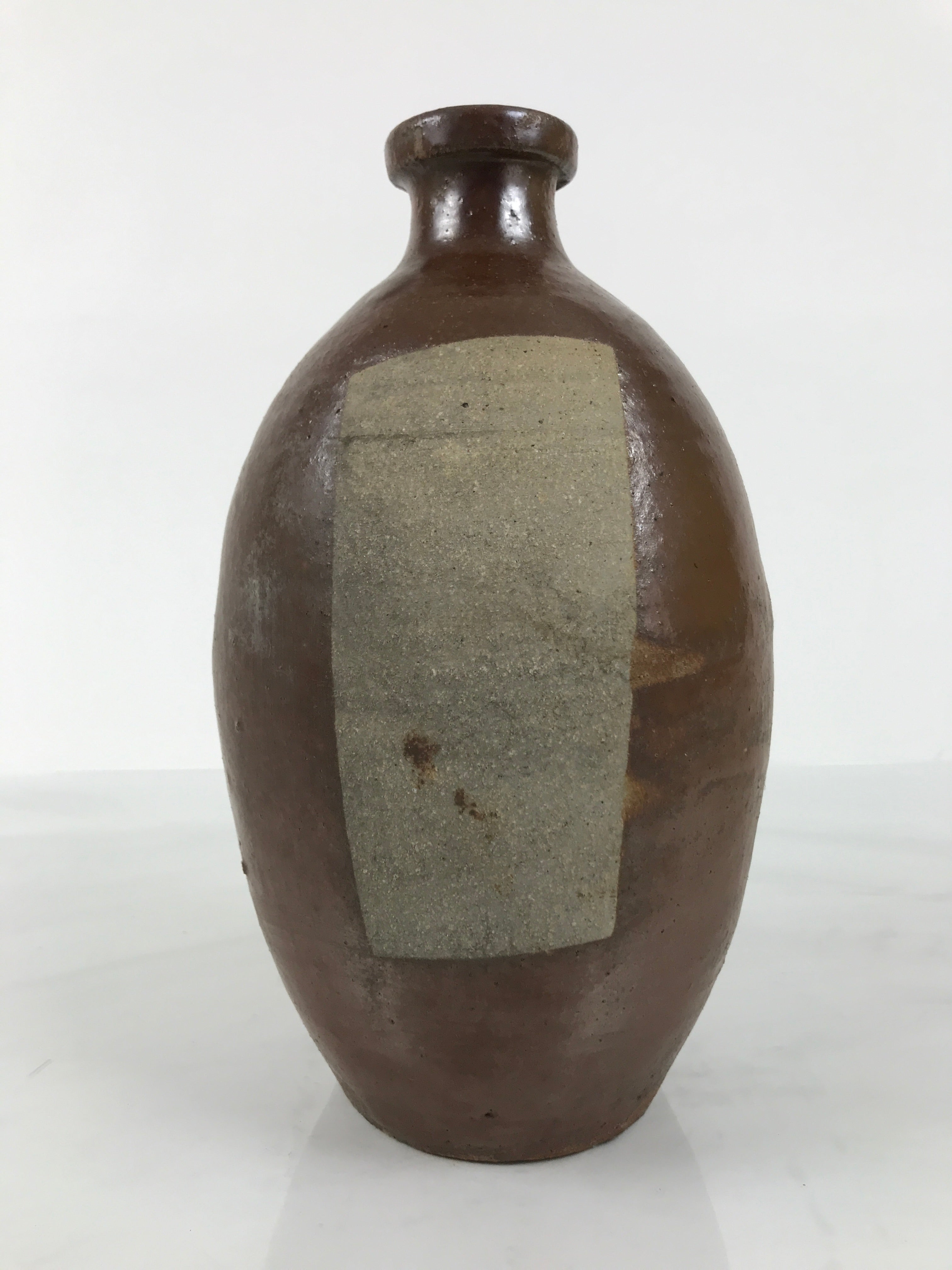 Japanese Ceramic Sake Bottle Kayoi-Tokkuri Vtg Brown Round Wax Resist TS874