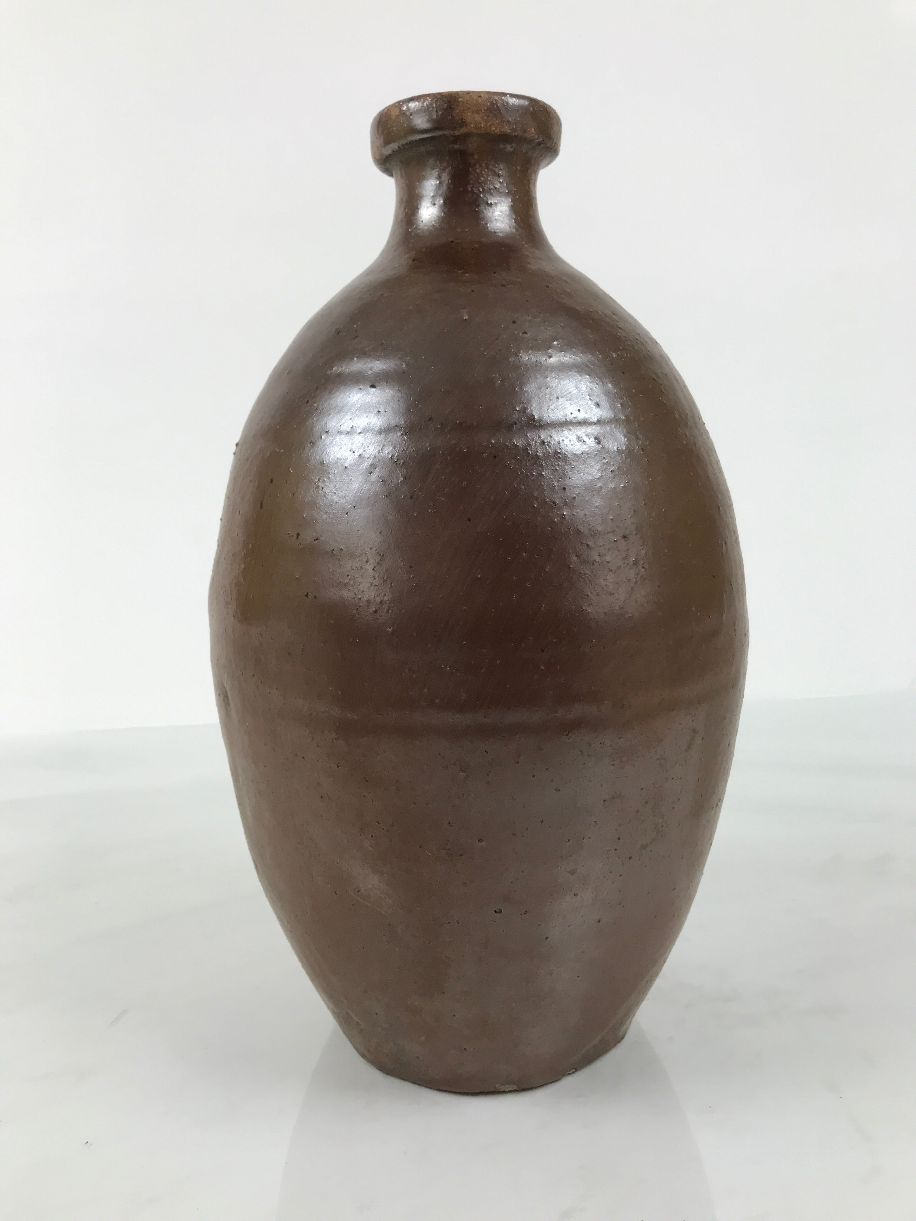 Japanese Ceramic Sake Bottle Kayoi-Tokkuri Vtg Brown Round Wax Resist TS874