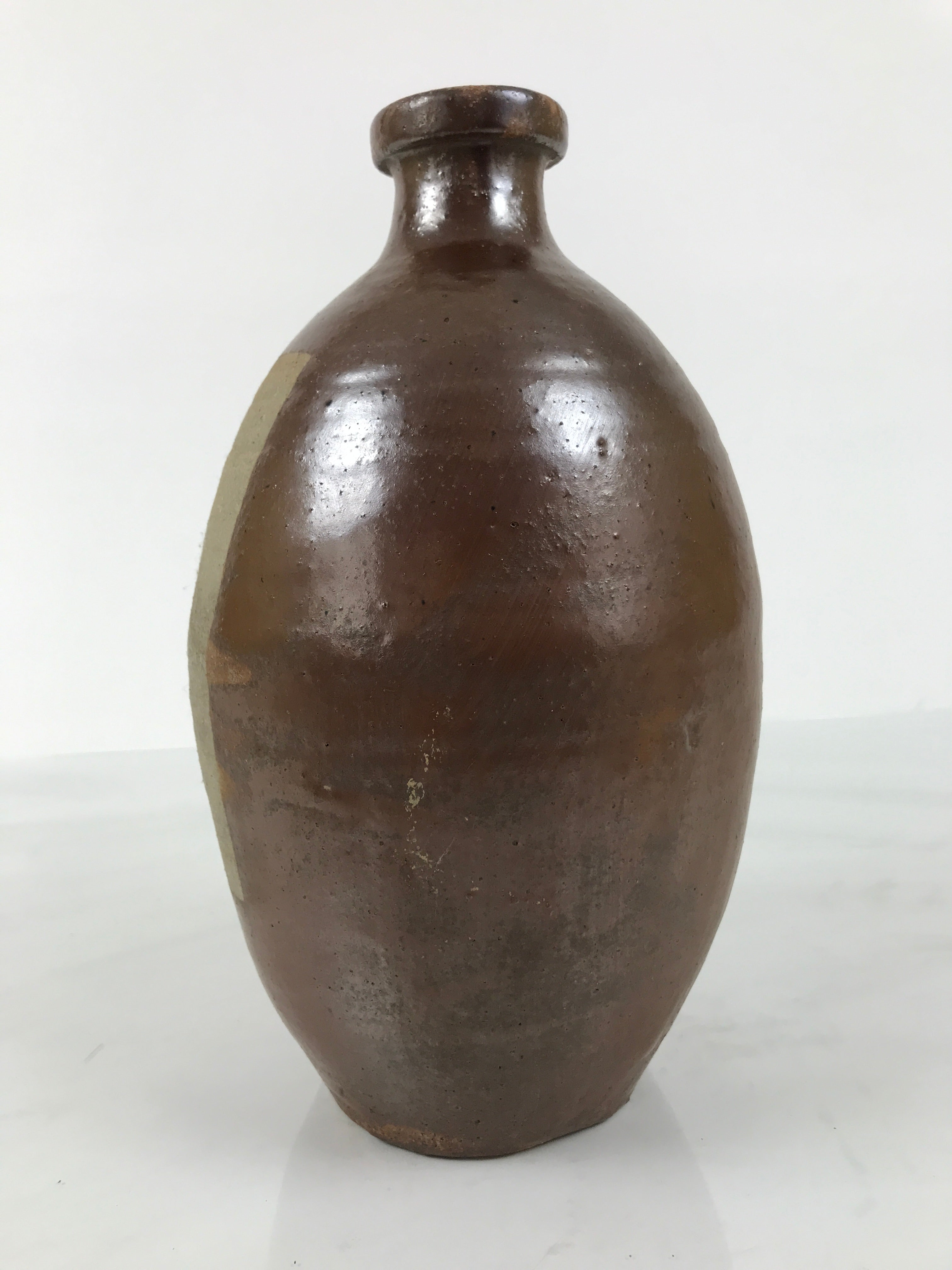 Japanese Ceramic Sake Bottle Kayoi-Tokkuri Vtg Brown Round Wax Resist TS874