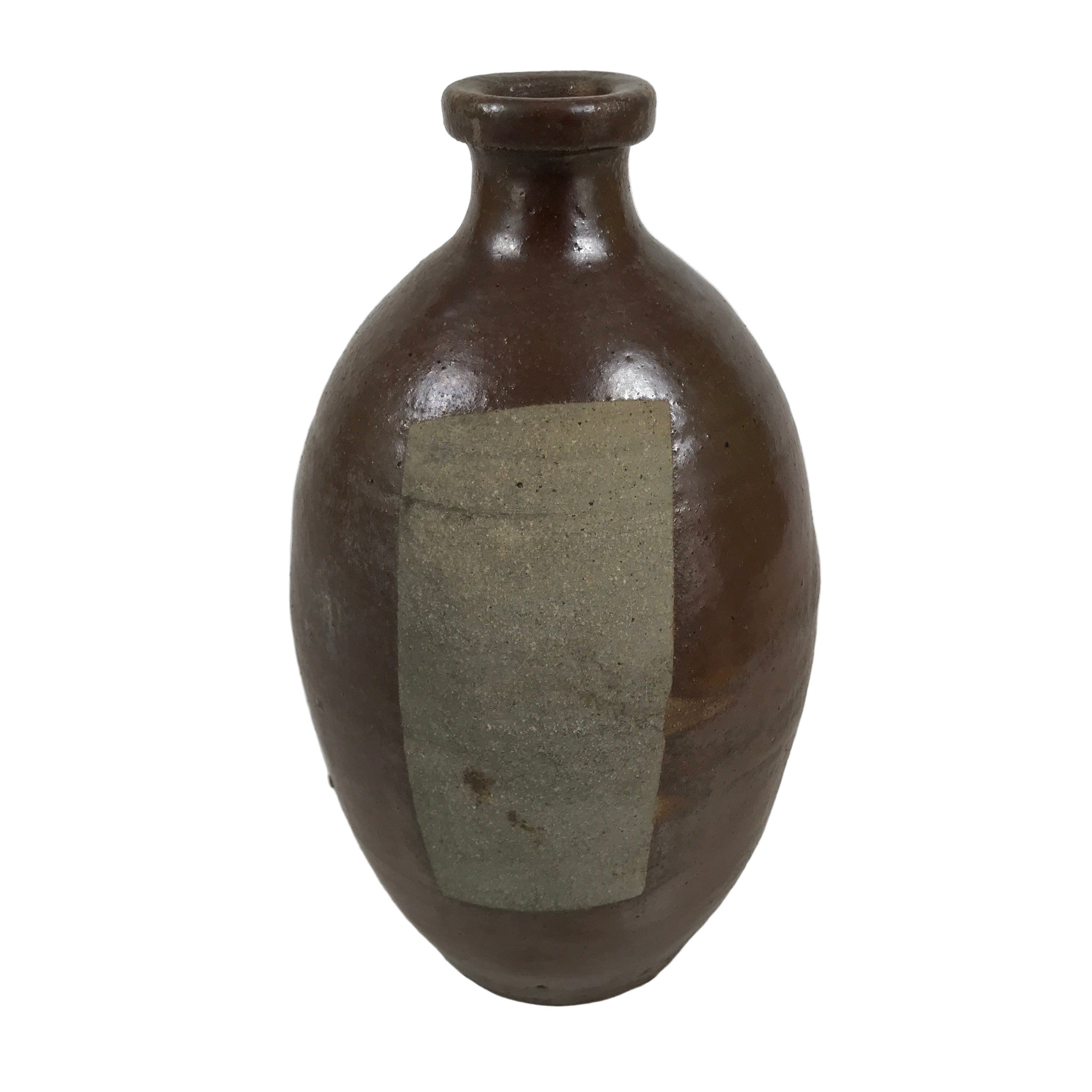 Japanese Ceramic Sake Bottle Kayoi-Tokkuri Vtg Brown Round Wax Resist TS874