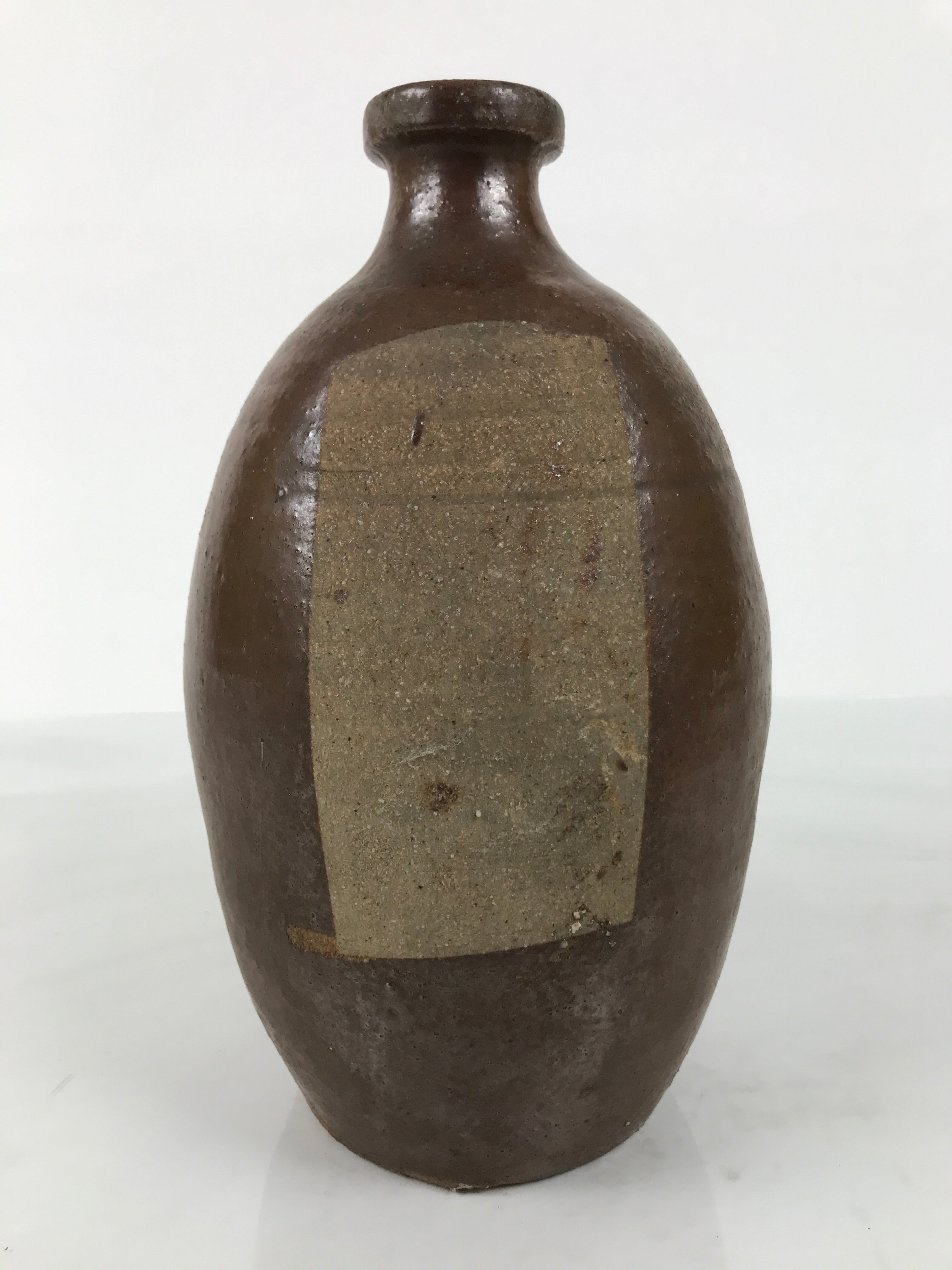 Japanese Ceramic Sake Bottle Kayoi-Tokkuri Vtg Brown Round Wax Resist TS875