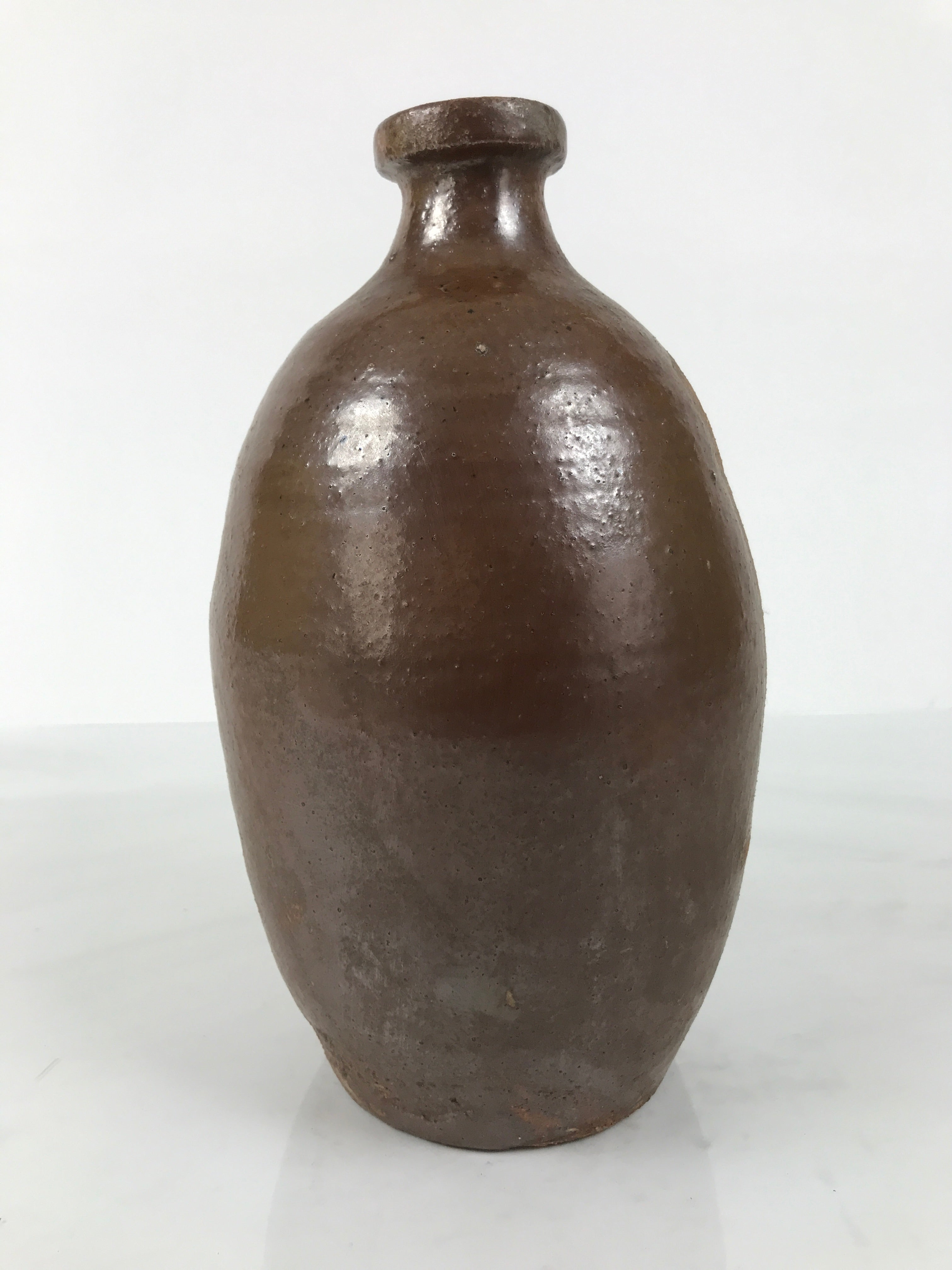 Japanese Ceramic Sake Bottle Kayoi-Tokkuri Vtg Brown Round Wax Resist TS875