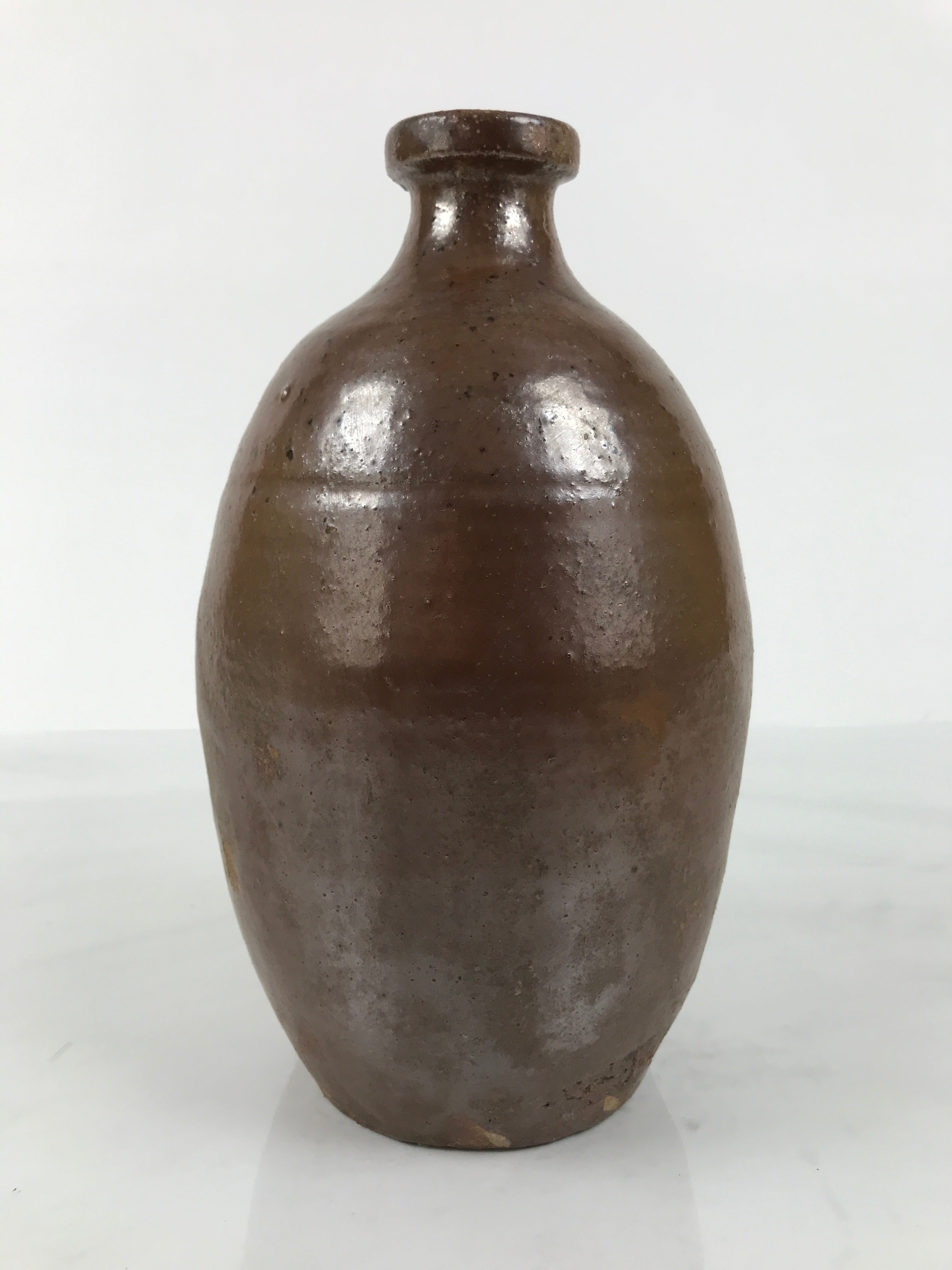 Japanese Ceramic Sake Bottle Kayoi-Tokkuri Vtg Brown Round Wax Resist TS875