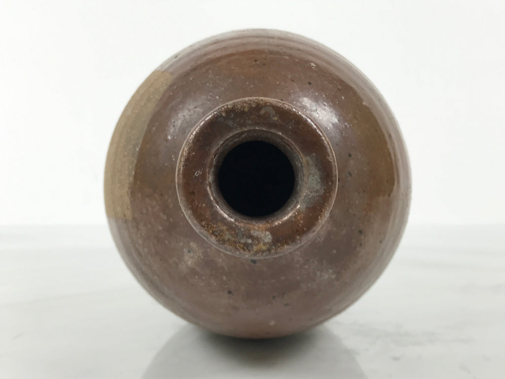 Japanese Ceramic Sake Bottle Kayoi-Tokkuri Vtg Brown Round Wax Resist TS875