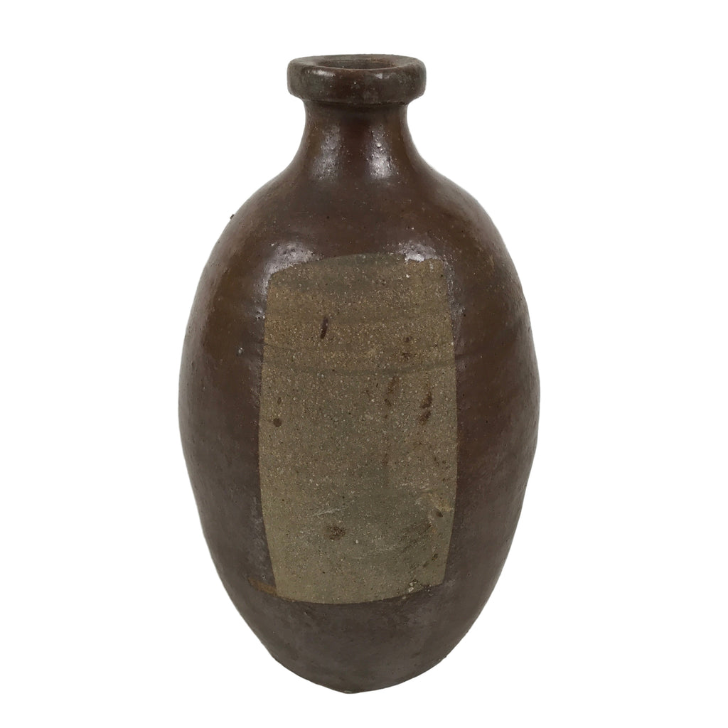 Japanese Ceramic Sake Bottle Kayoi-Tokkuri Vtg Brown Round Wax Resist TS875
