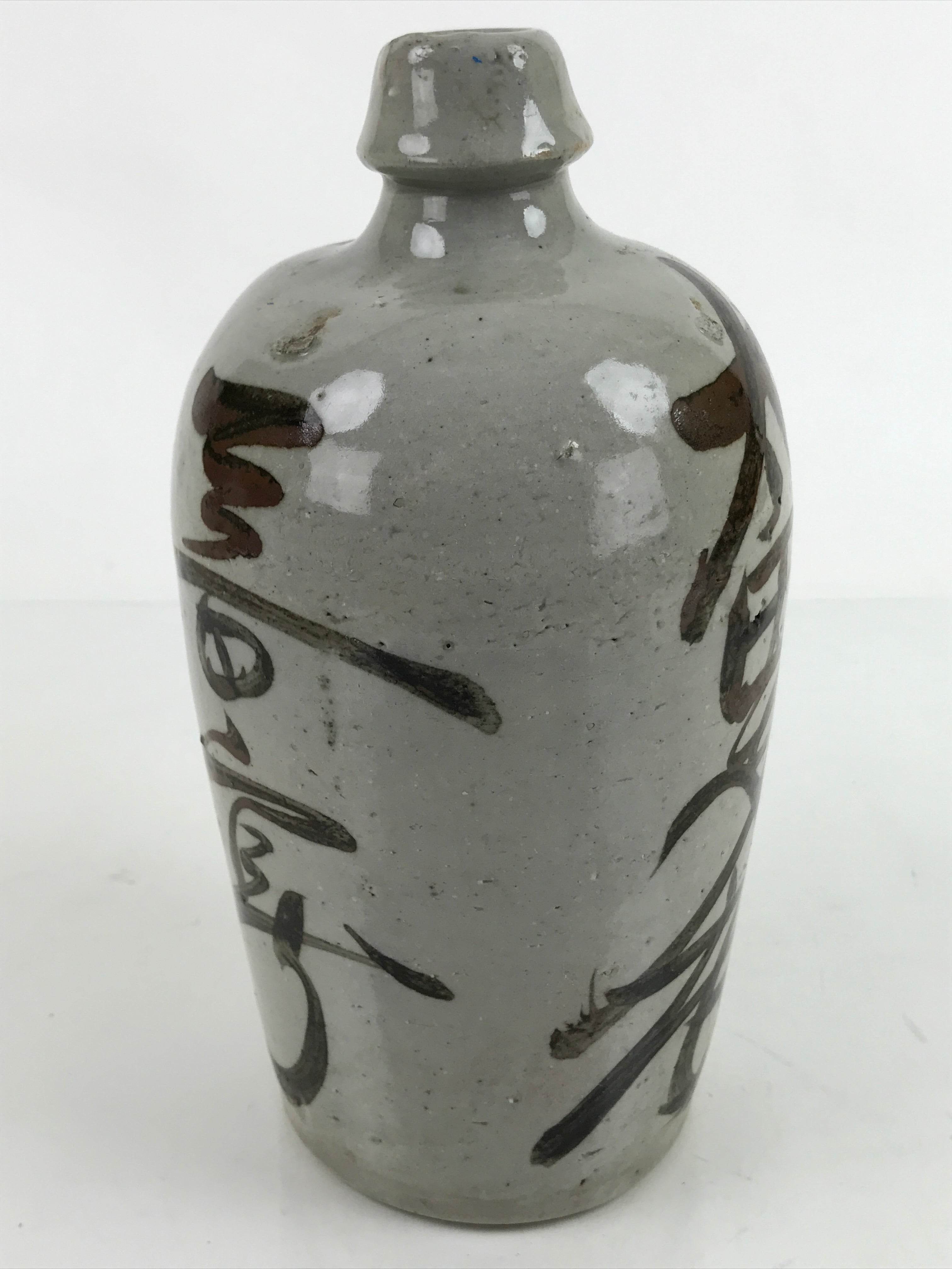 Japanese Ceramic Sake Bottle Kayoi-Tokkuri Vtg Classic Black Kanji Gray TS757