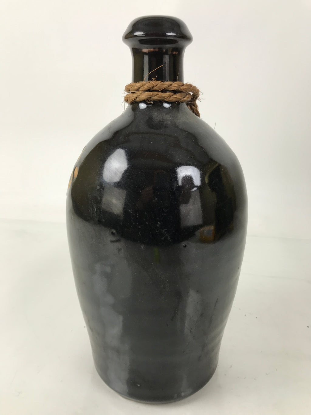 Japanese Ceramic Sake Bottle Kayoi-Tokkuri Vtg Dark Brown Message String TS806