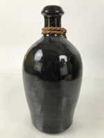 Japanese Ceramic Sake Bottle Kayoi-Tokkuri Vtg Dark Brown Message String TS806