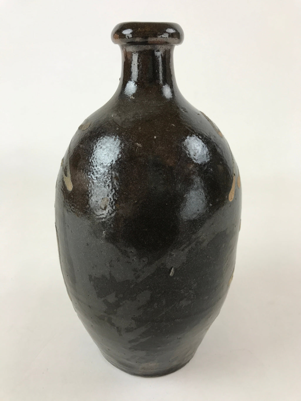 Japanese Ceramic Sake Bottle Kayoi-Tokkuri Vtg Dark Brown With Kanji TS584