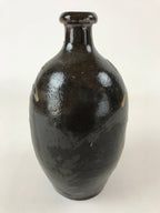 Japanese Ceramic Sake Bottle Kayoi-Tokkuri Vtg Dark Brown With Kanji TS584
