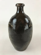 Japanese Ceramic Sake Bottle Kayoi-Tokkuri Vtg Dark Brown With Kanji TS584