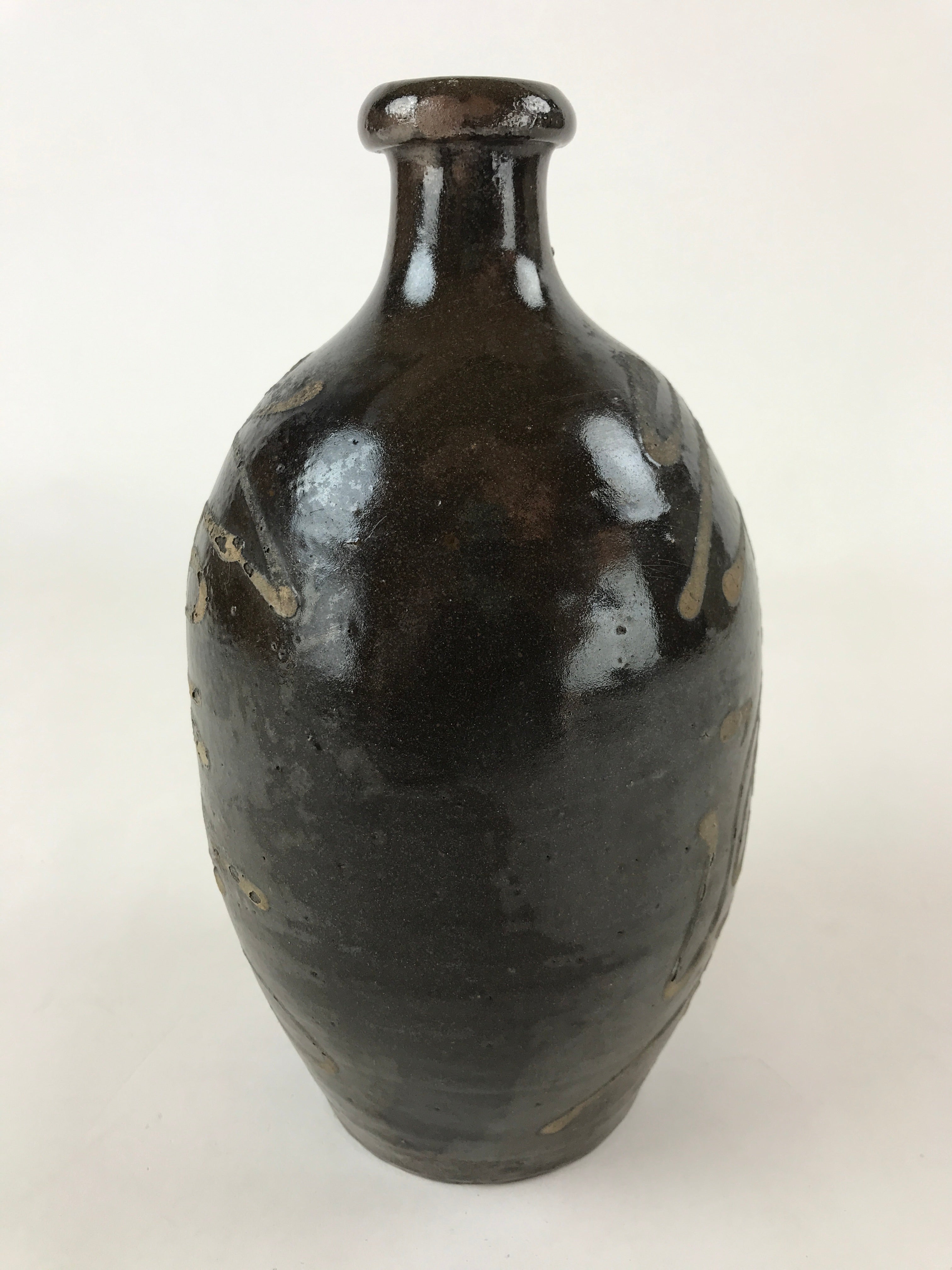 Japanese Ceramic Sake Bottle Kayoi-Tokkuri Vtg Dark Brown With Kanji TS584
