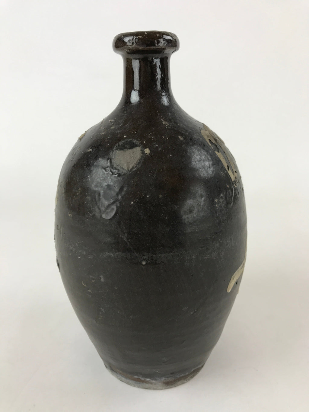 Japanese Ceramic Sake Bottle Kayoi-Tokkuri Vtg Dark Brown With Kanji TS586