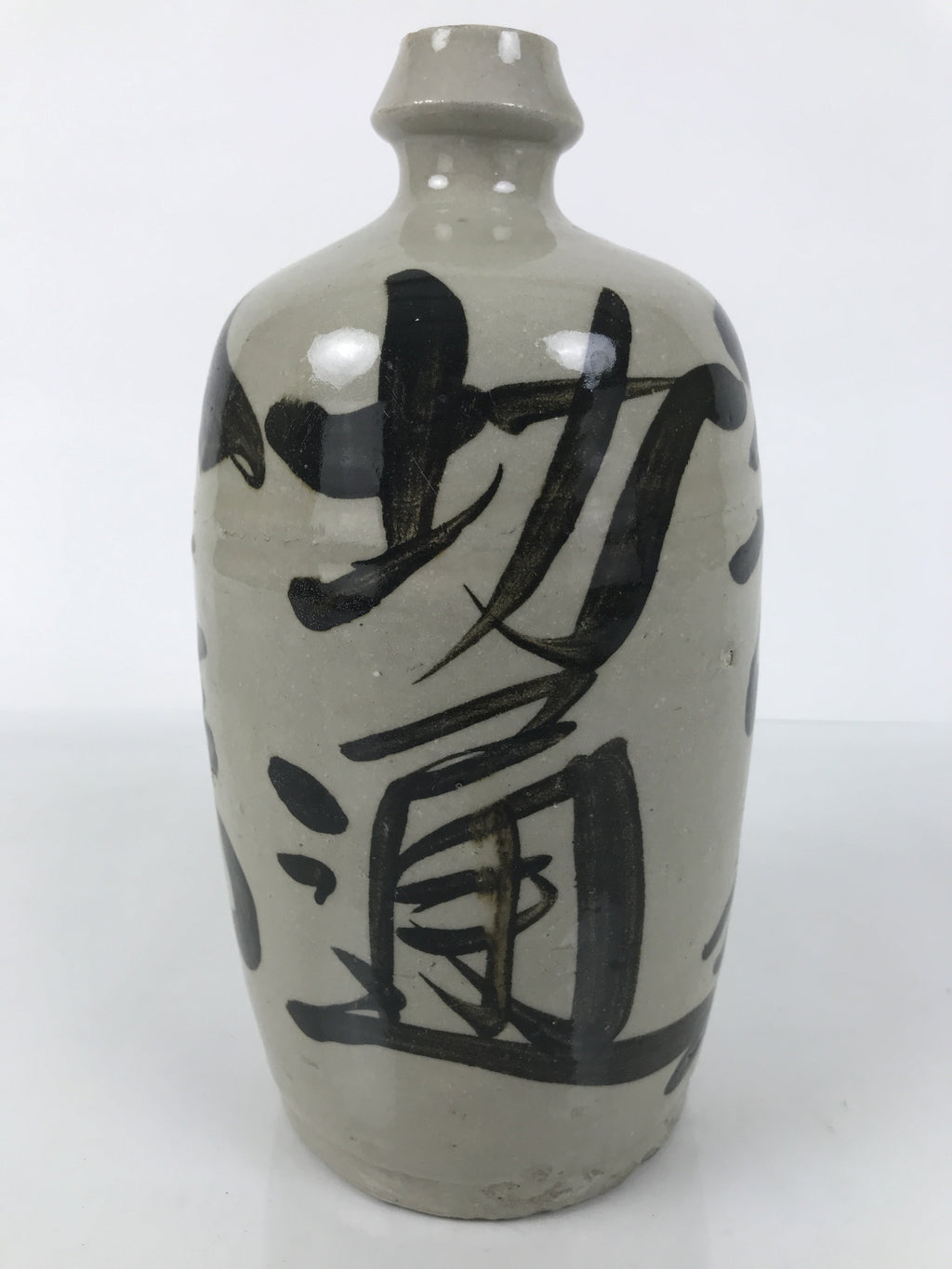 Japanese Ceramic Sake Bottle Kayoi-Tokkuri Vtg Gray Brown Kanji Kanehatsu TS915