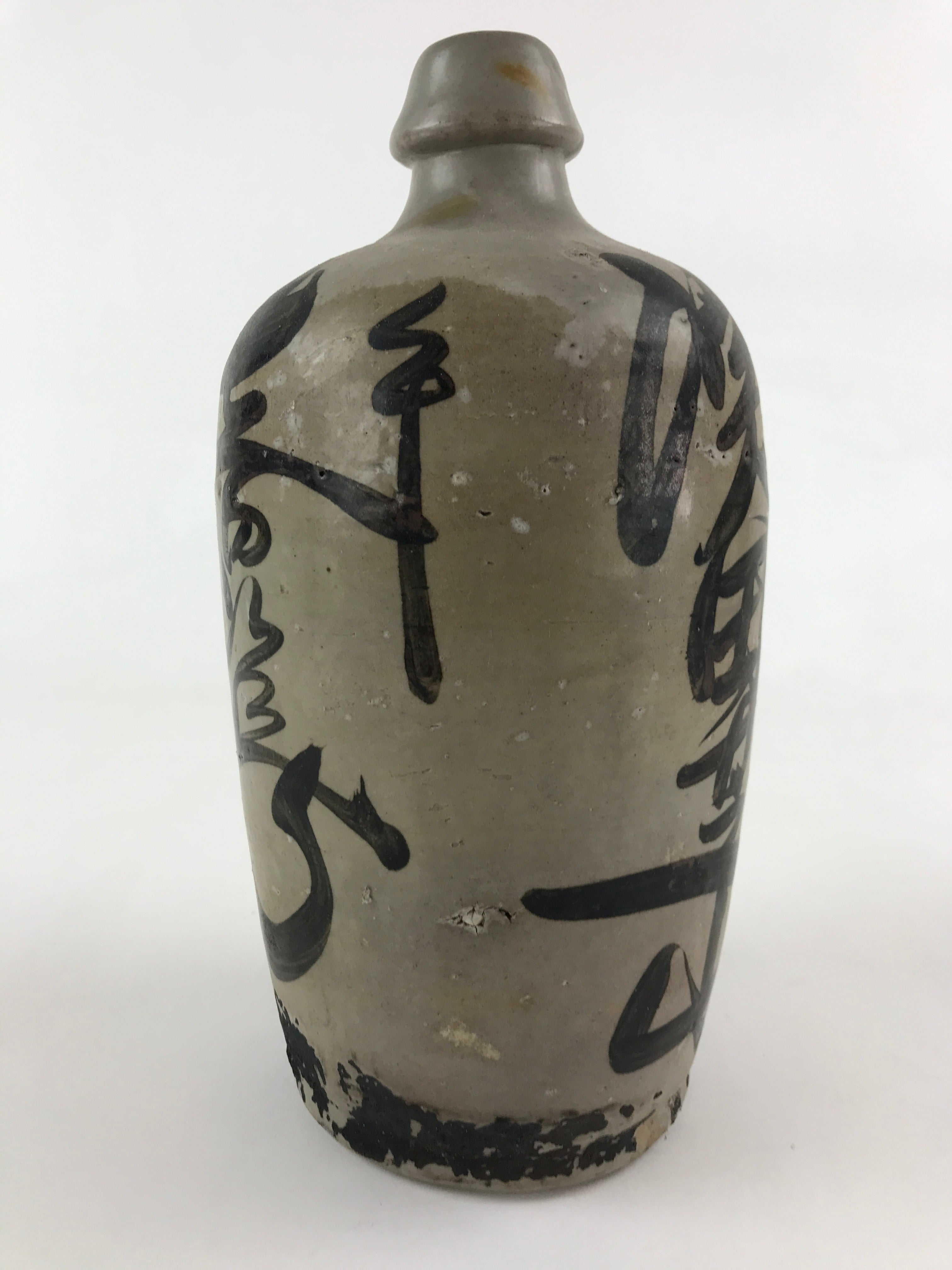 Japanese Ceramic Sake Bottle Kayoi-Tokkuri Vtg Gray Hand-Written Kanji TS548