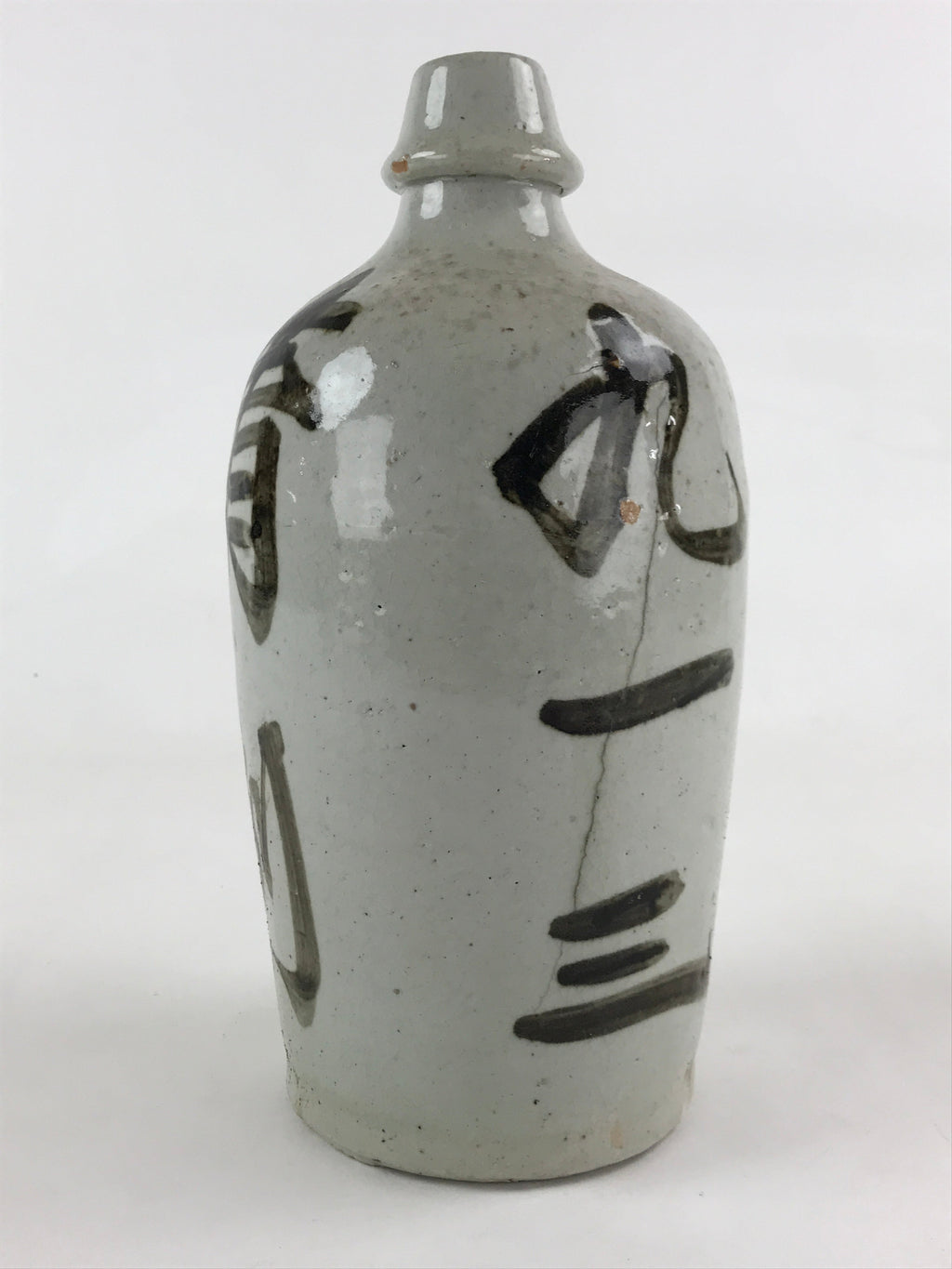 Japanese Ceramic Sake Bottle Kayoi-Tokkuri Vtg Gray Hand-Written Kanji TS549