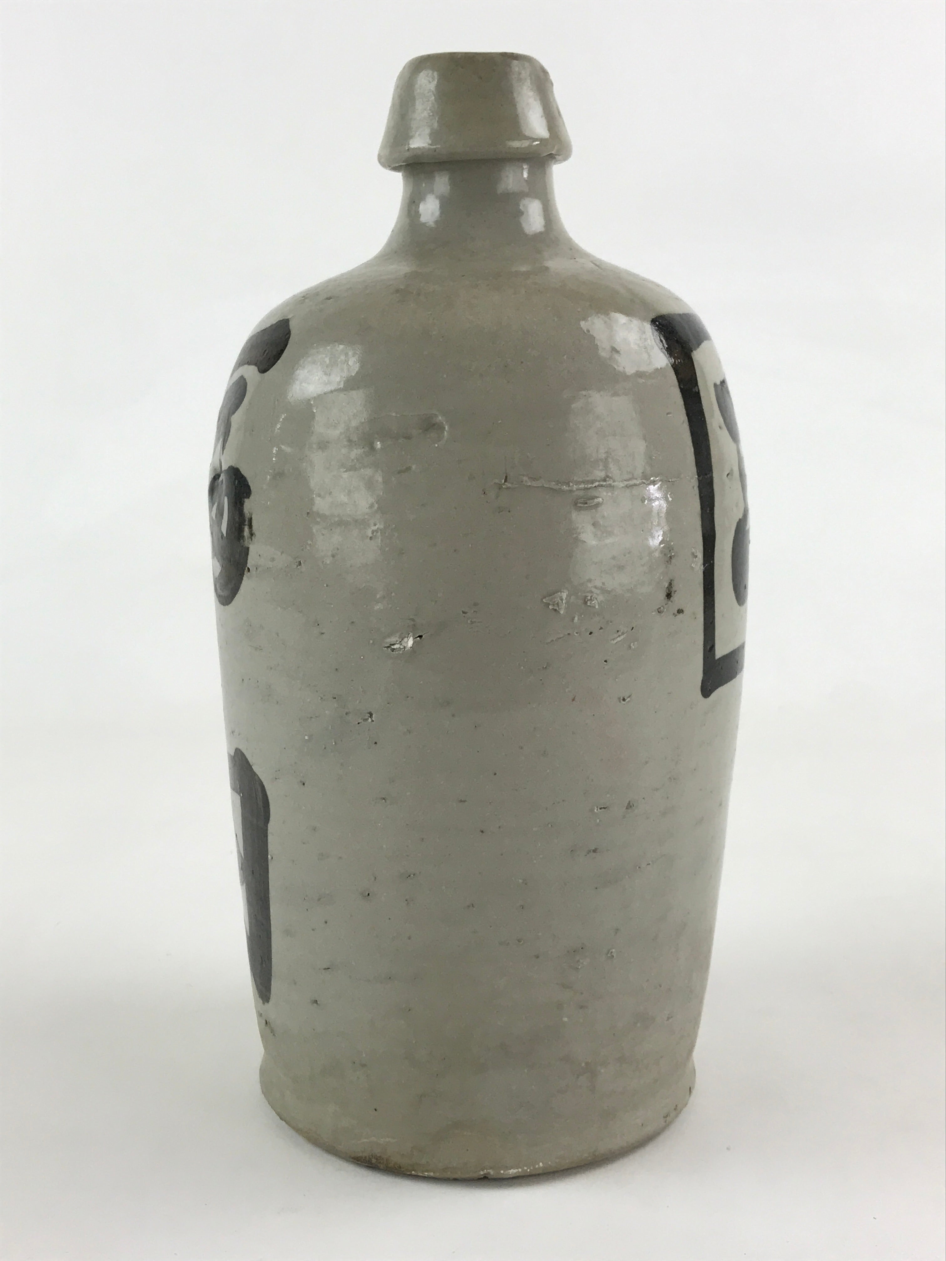Japanese Ceramic Sake Bottle Kayoi-Tokkuri Vtg Gray Hand-Written Kanji TS549