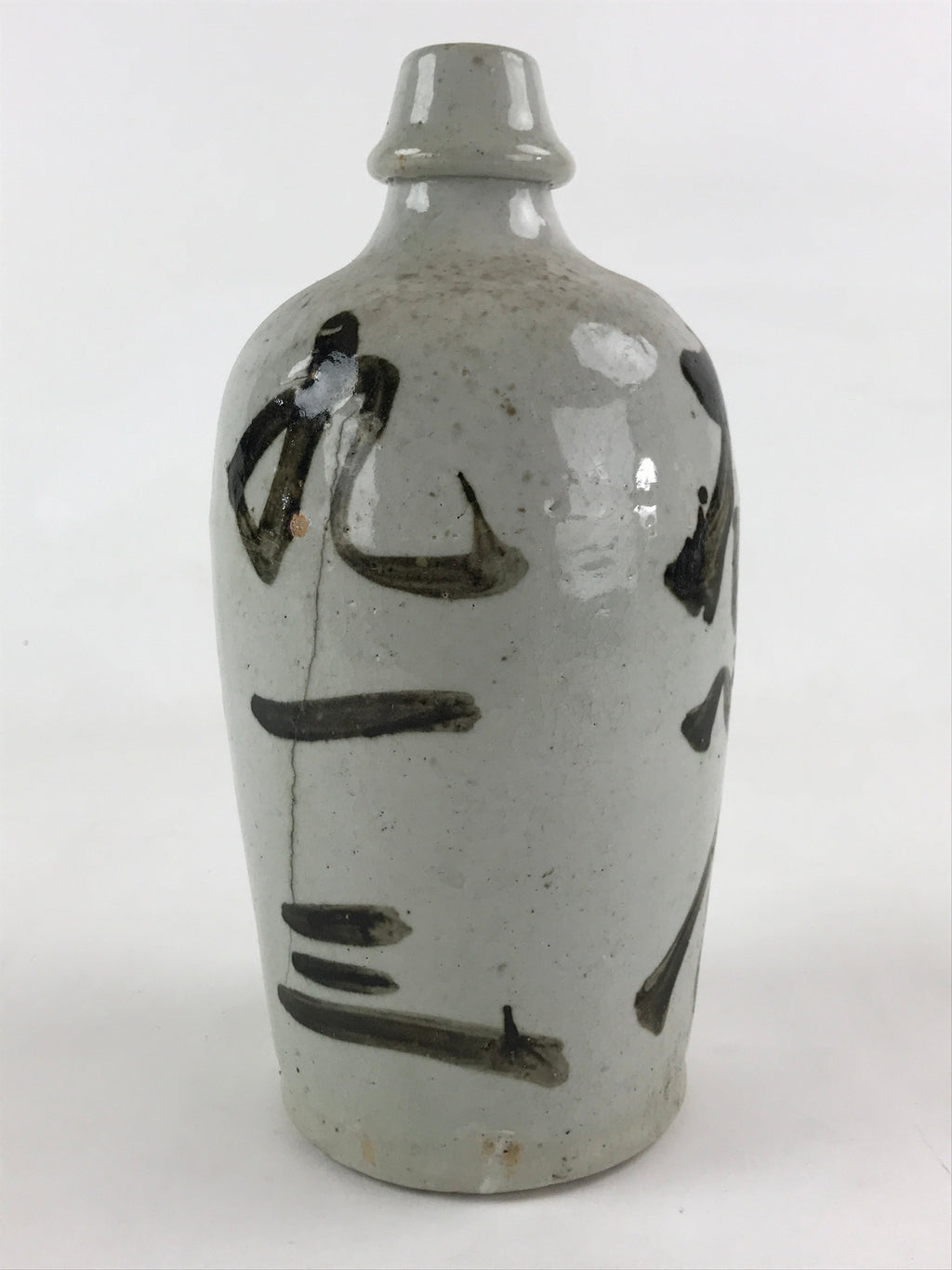 Japanese Ceramic Sake Bottle Kayoi-Tokkuri Vtg Gray Hand-Written Kanji TS550