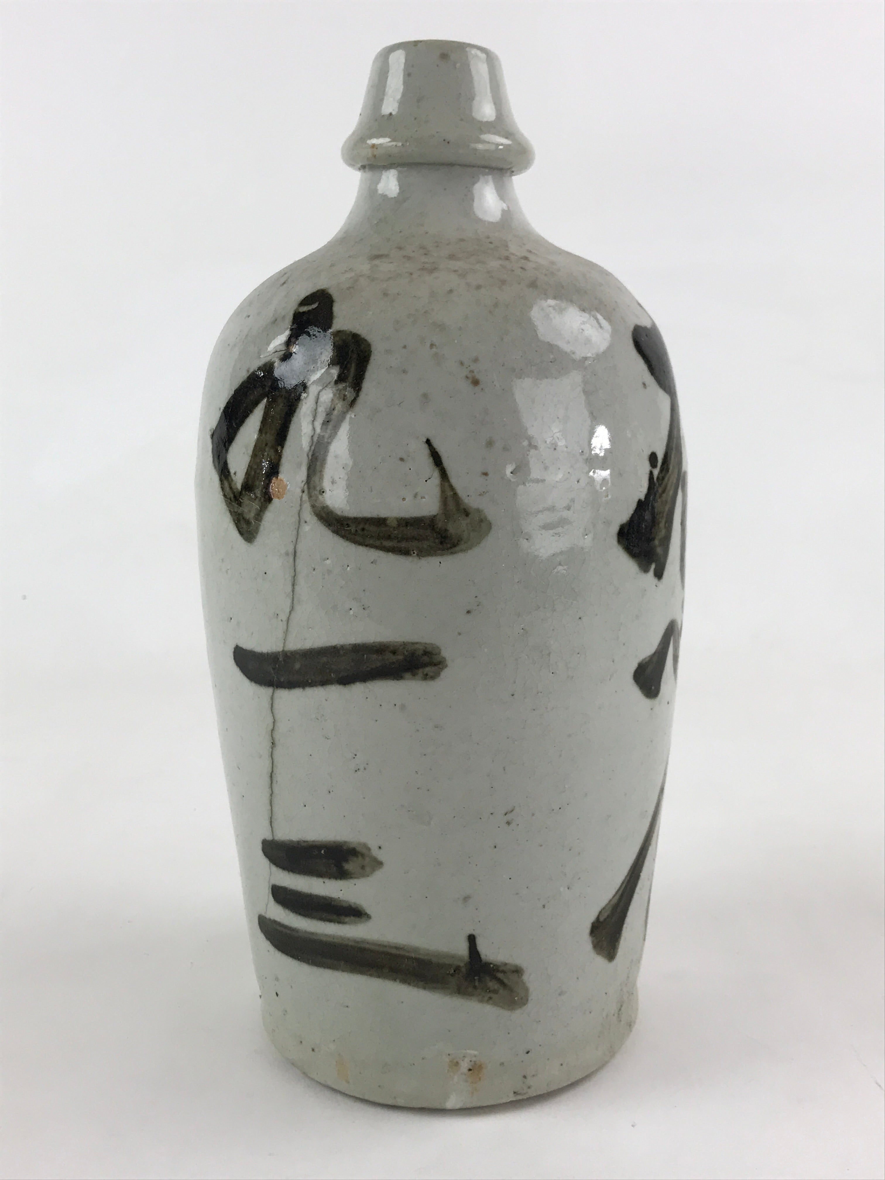 Japanese Ceramic Sake Bottle Kayoi-Tokkuri Vtg Gray Hand-Written Kanji TS550