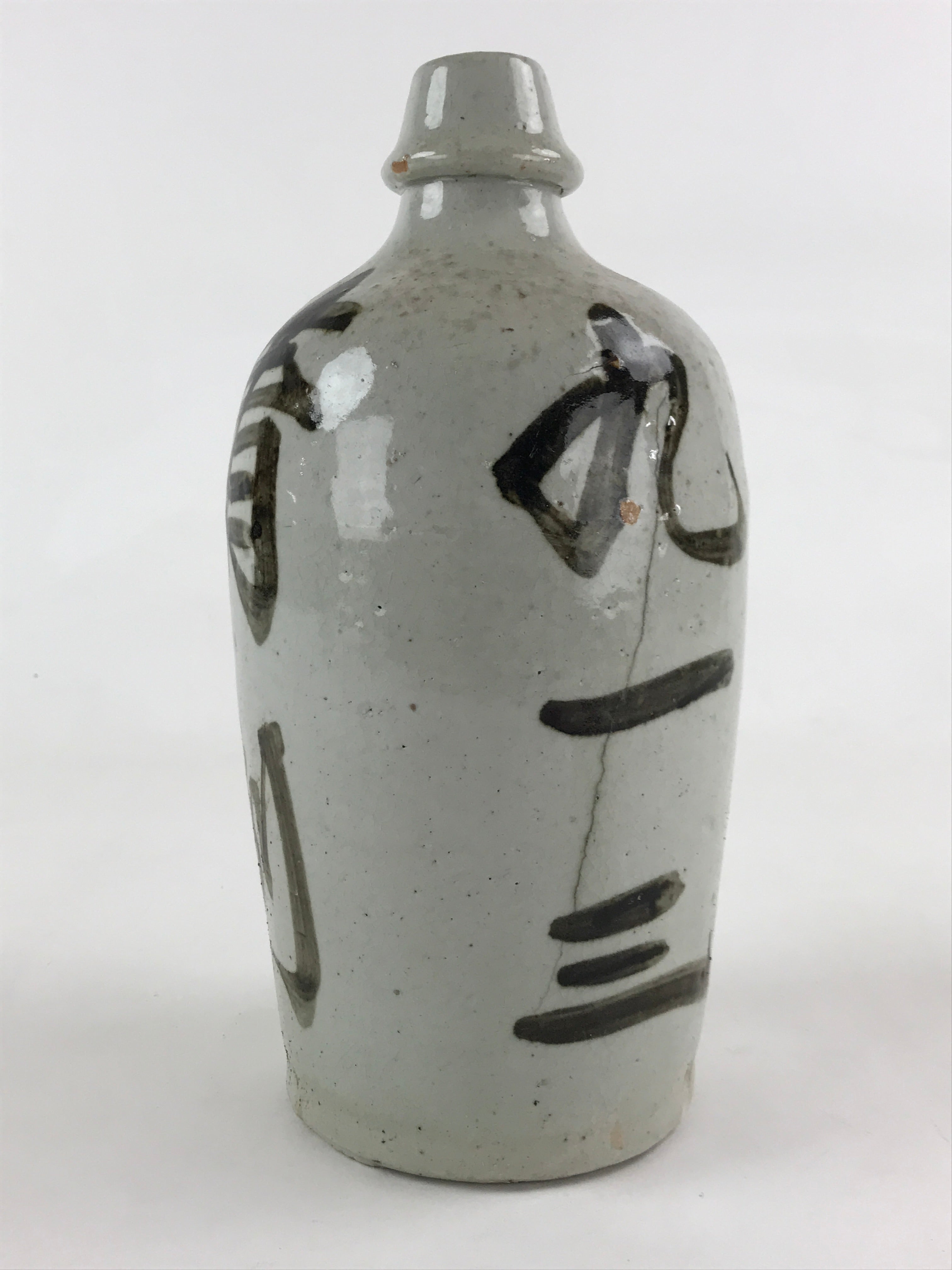 Japanese Ceramic Sake Bottle Kayoi-Tokkuri Vtg Gray Hand-Written Kanji TS550